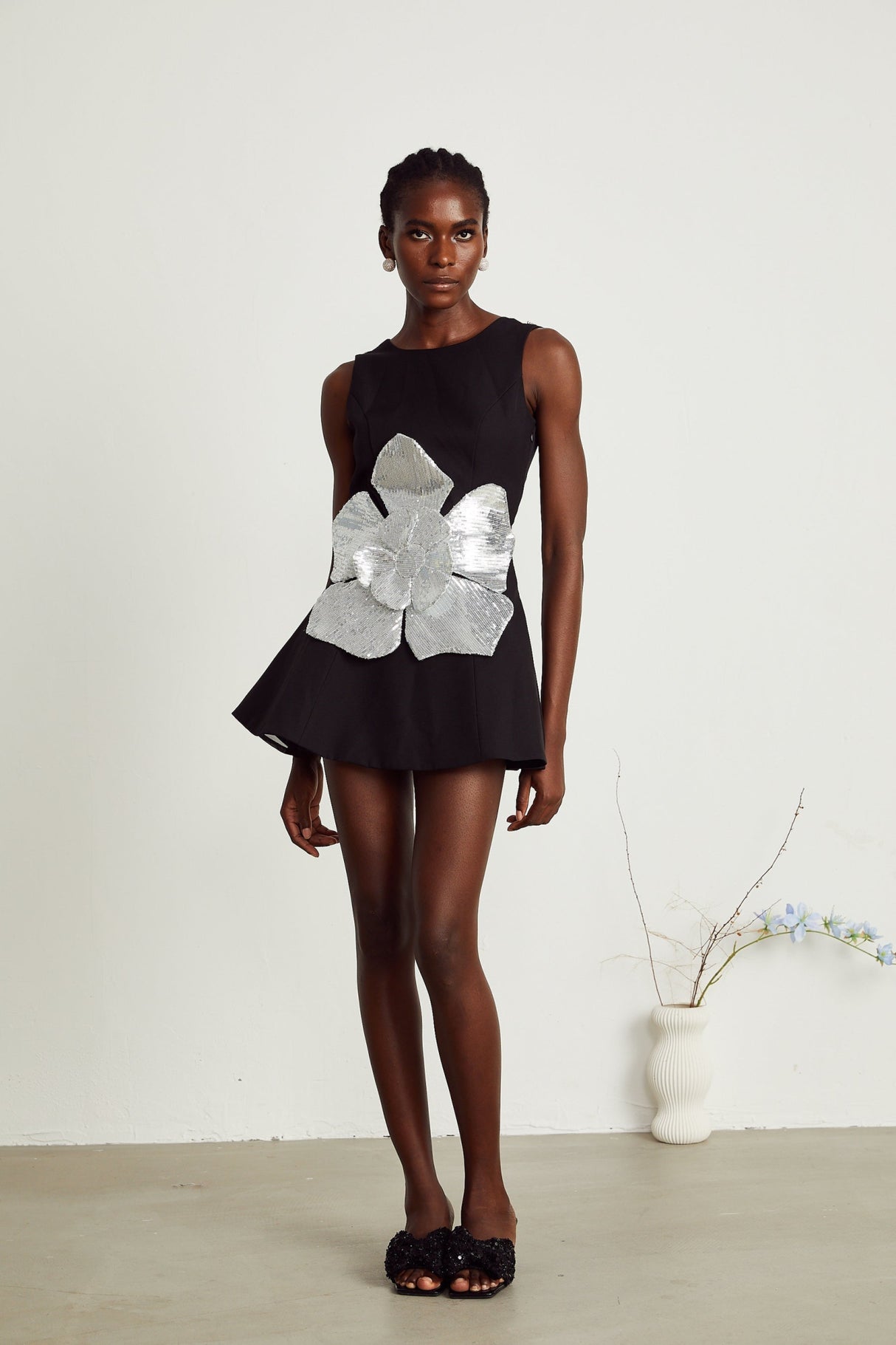 Monica Mini Dress Black Sequin Floral ALine Open Back