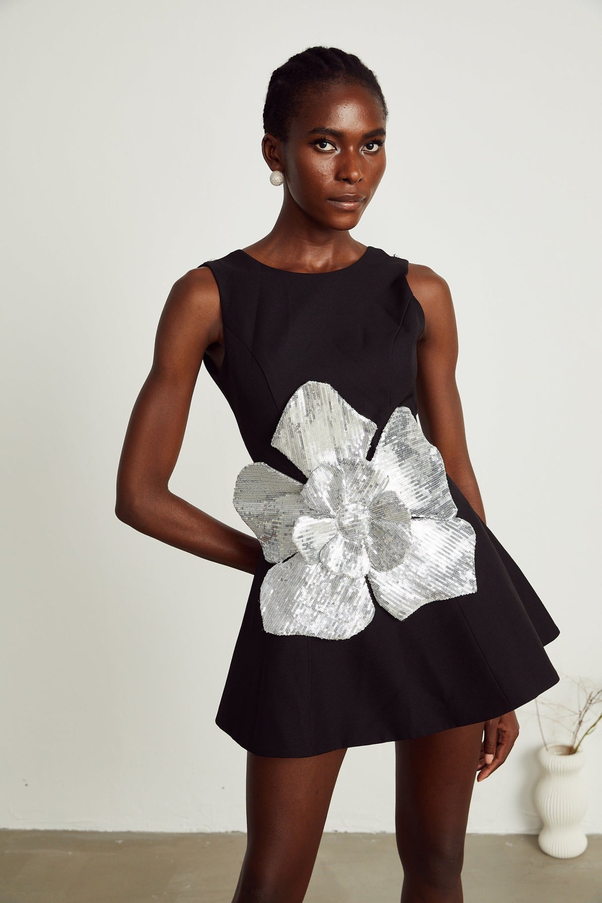 Monica Mini Dress Black Sequin Floral ALine Open Back