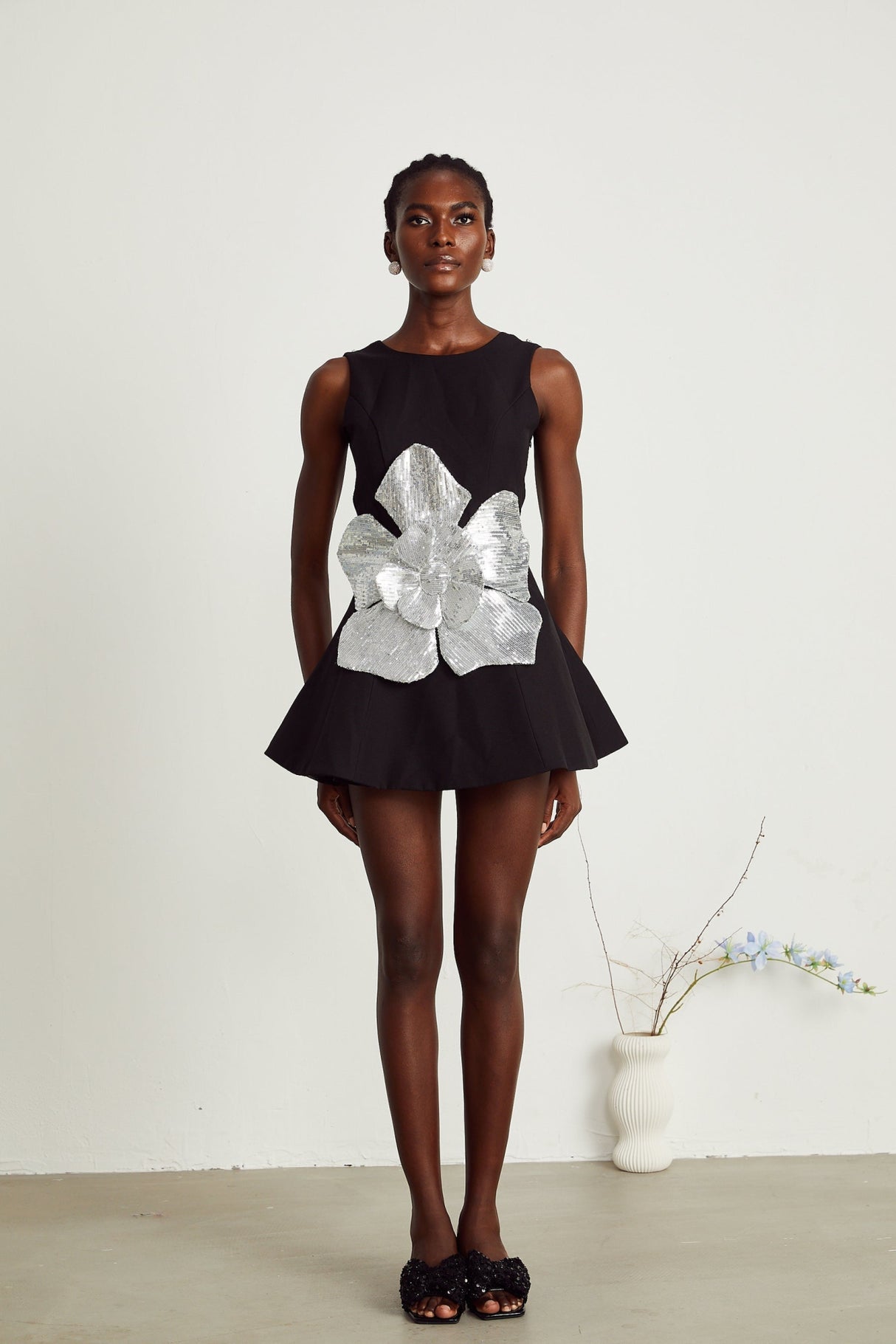 Monica Mini Dress Black Sequin Floral ALine Open Back