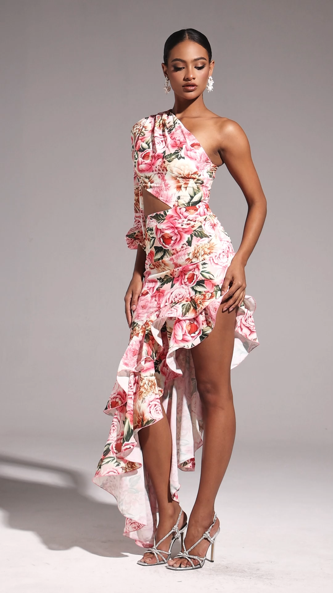 Monica Pink Floral One Shoulder Dress with Hollow Out Detail and Ruffled Hem