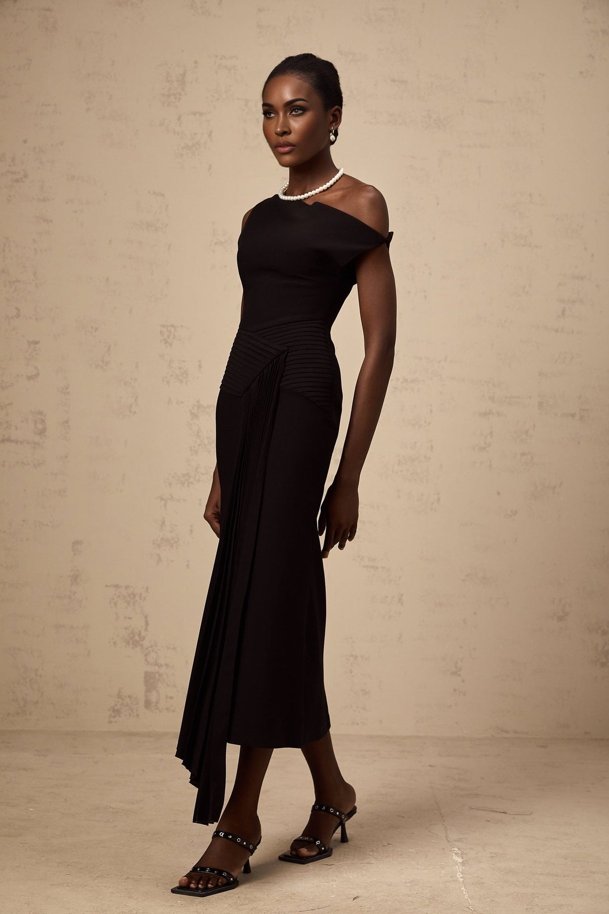 Morgan Midi Dress Black Asymmetric Pleated Draped & Zippered