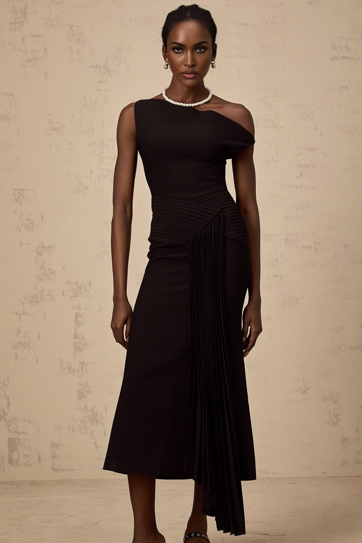 Morgan Midi Dress Black Asymmetric Pleated Draped & Zippered
