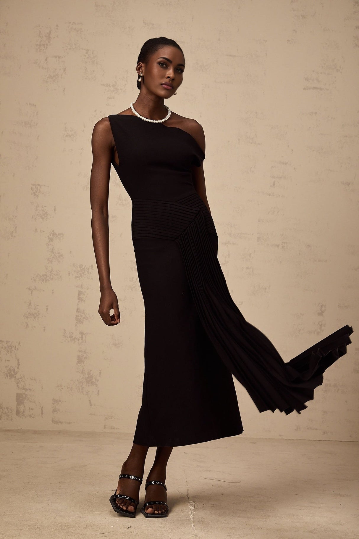 Morgan Midi Dress Black Asymmetric Pleated Draped & Zippered