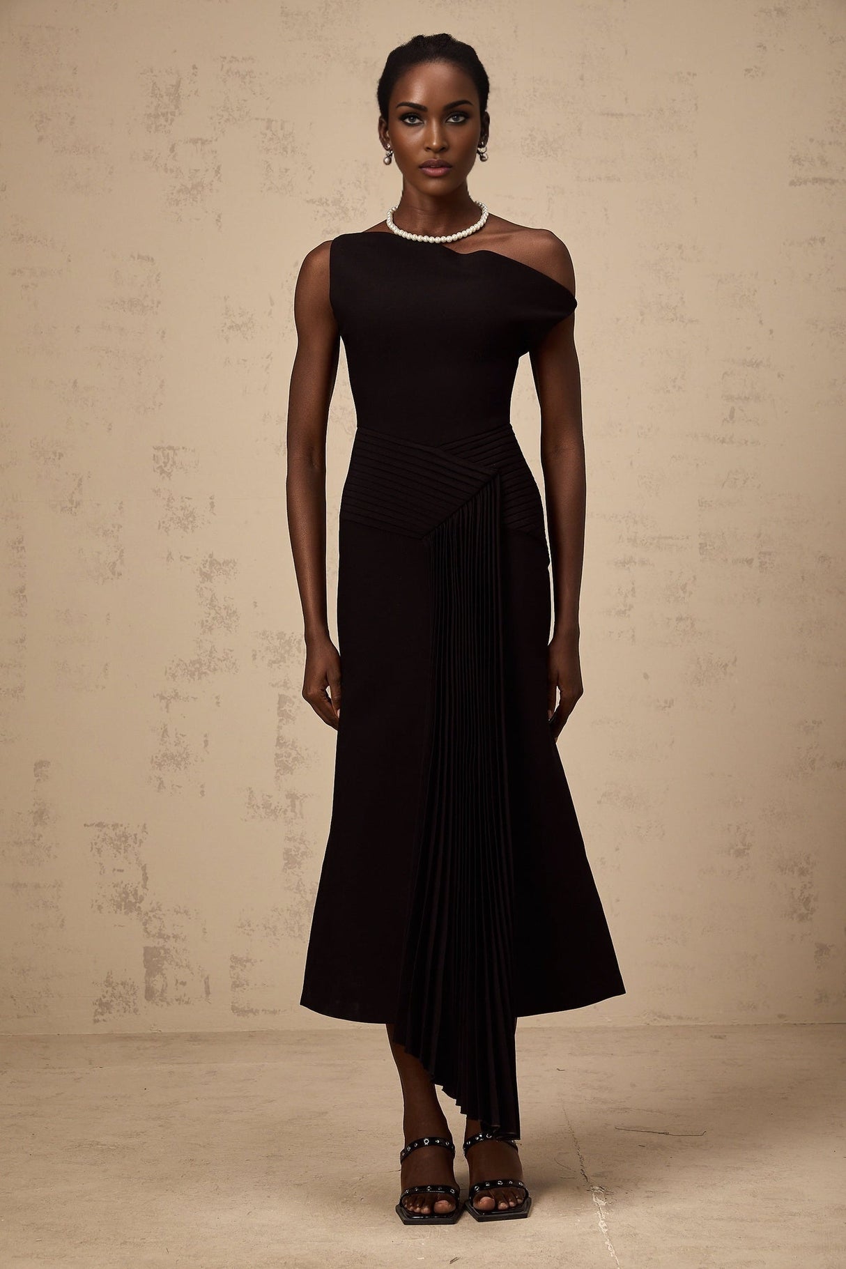 Morgan Midi Dress Black Asymmetric Pleated Draped & Zippered