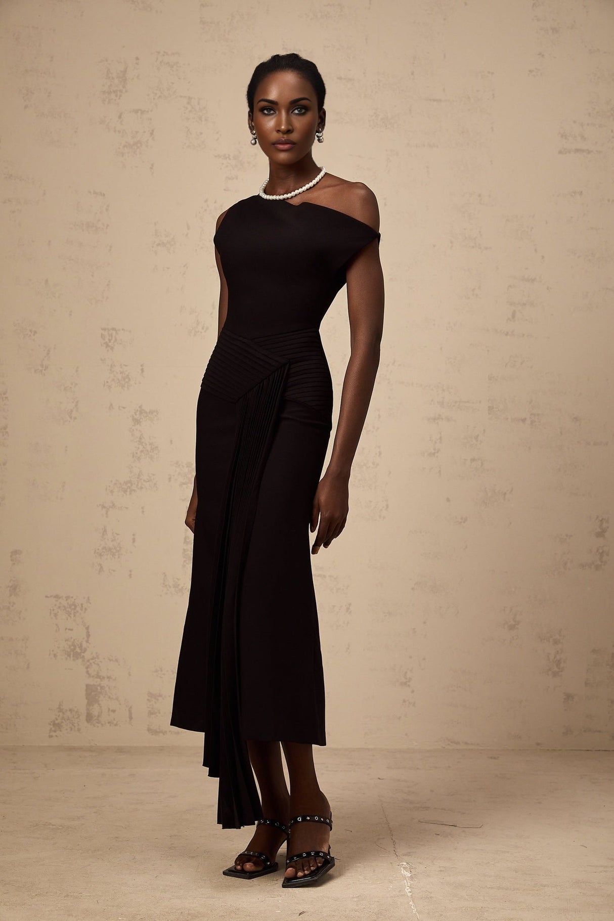 Morgan Midi Dress Black Asymmetric Pleated Draped & Zippered