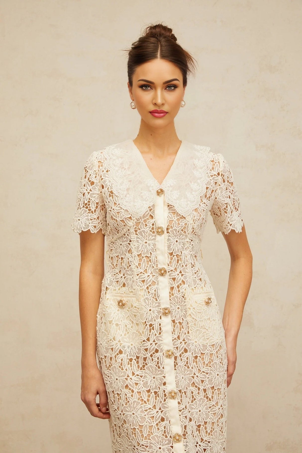 Morgan Midi Dress Off - white Corded Lace Scallop Hem & Button Detail