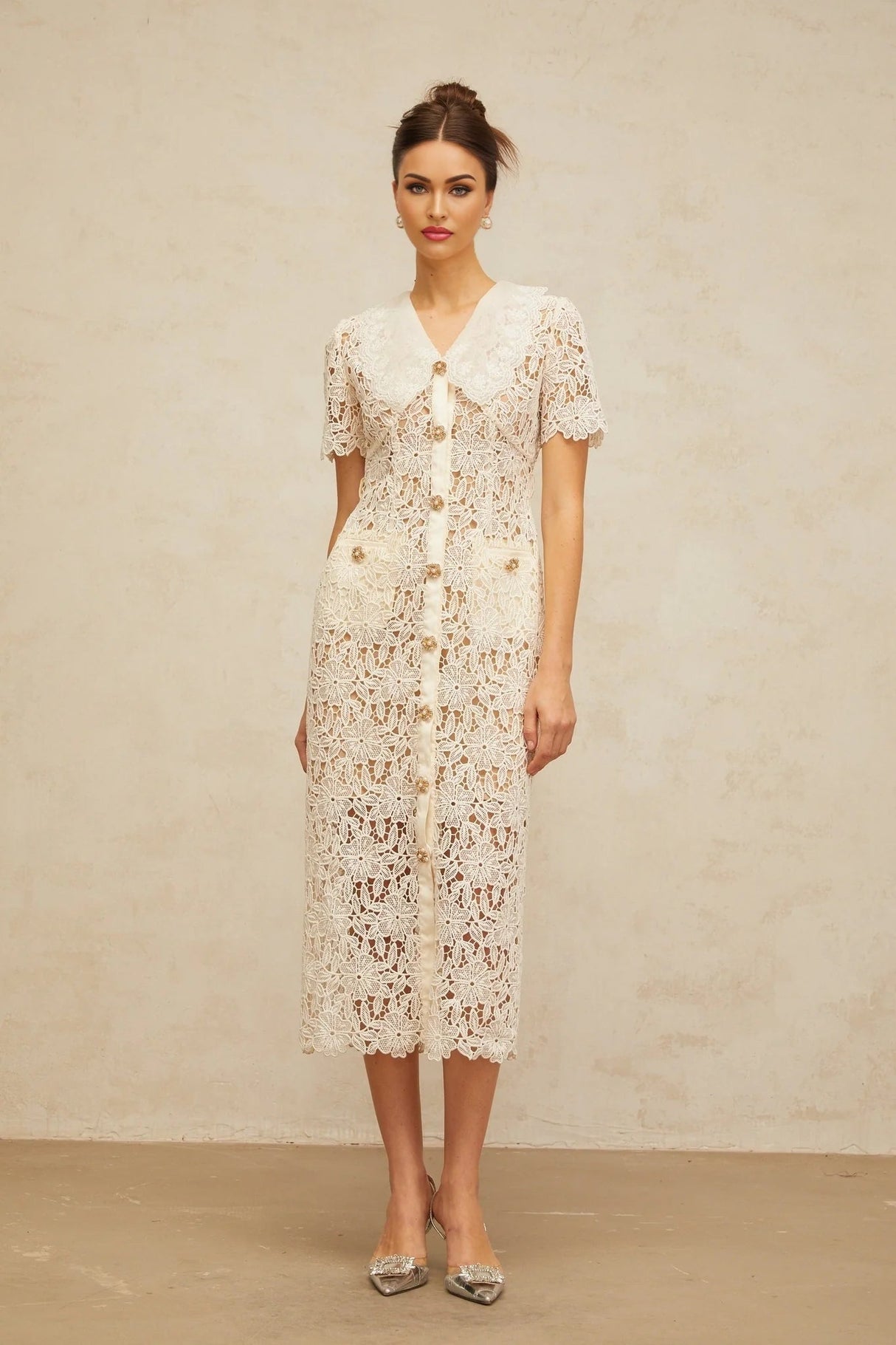 Morgan Midi Dress Off - white Corded Lace Scallop Hem & Button Detail