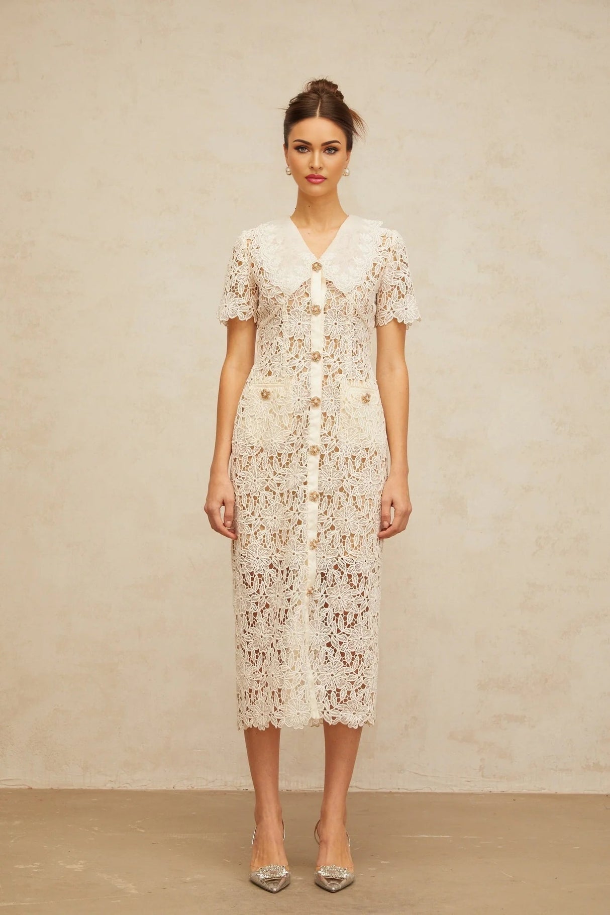 Morgan Midi Dress Off - white Corded Lace Scallop Hem & Button Detail