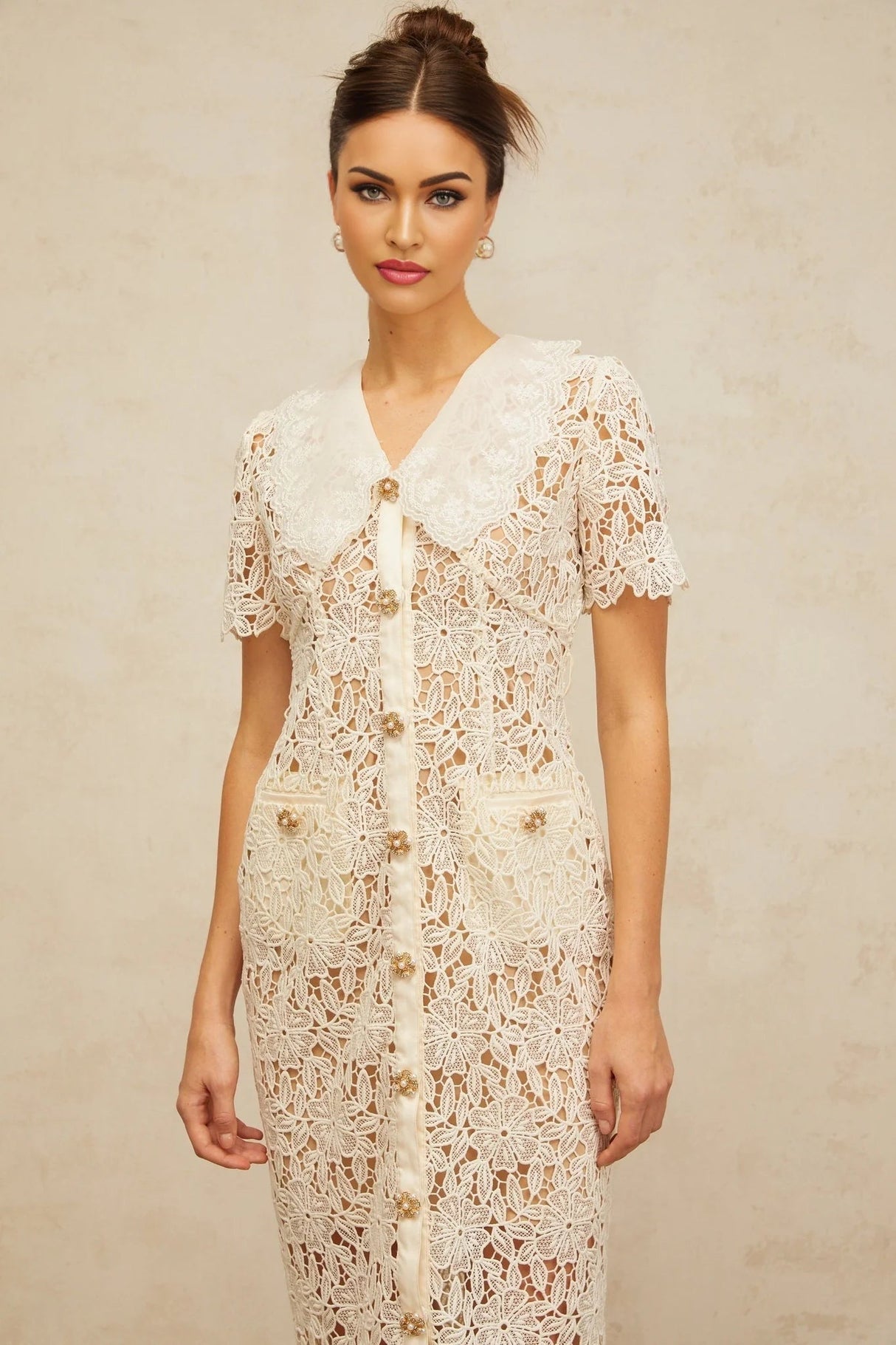 Morgan Midi Dress Off - white Corded Lace Scallop Hem & Button Detail