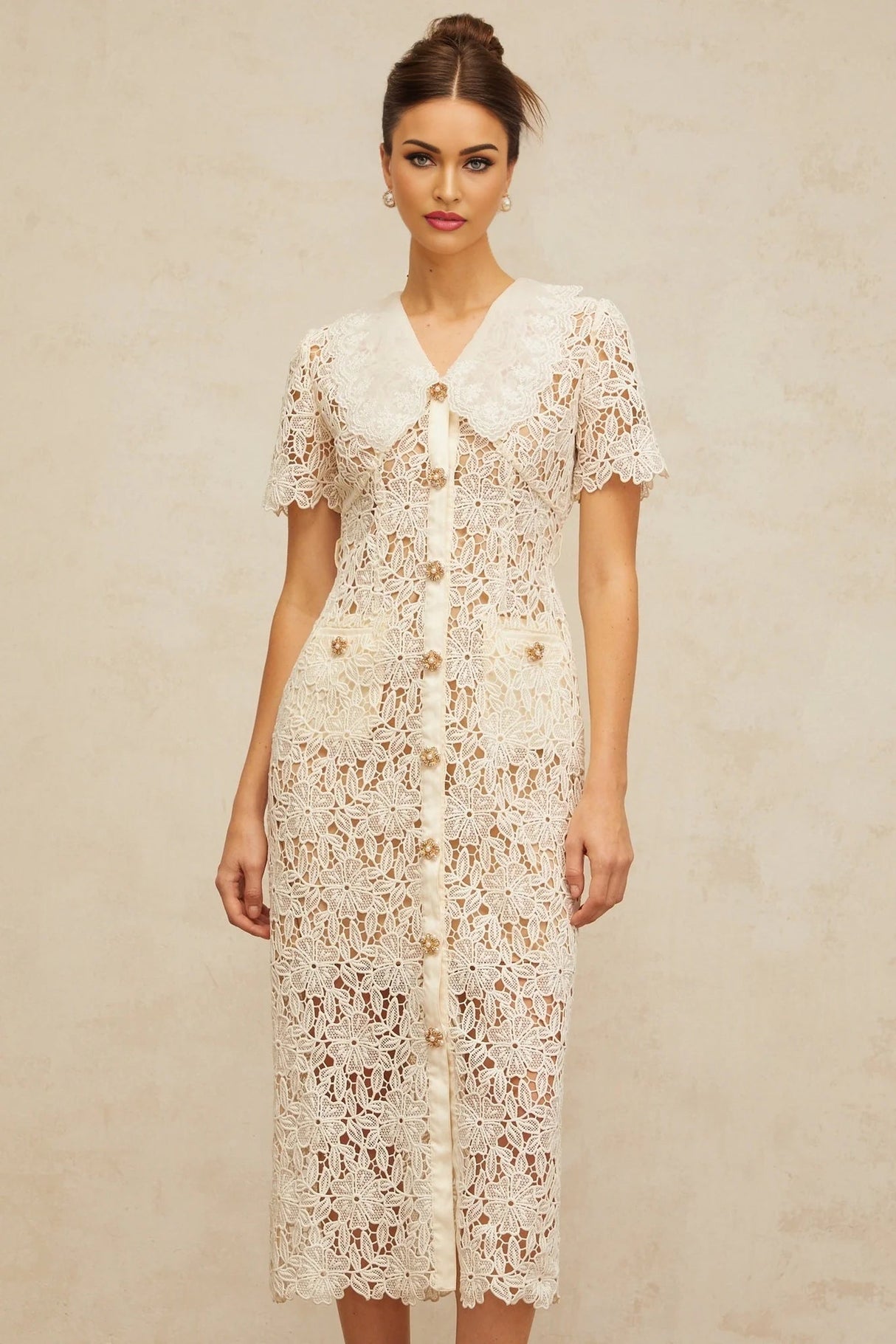 Morgan Midi Dress Off - white Corded Lace Scallop Hem & Button Detail