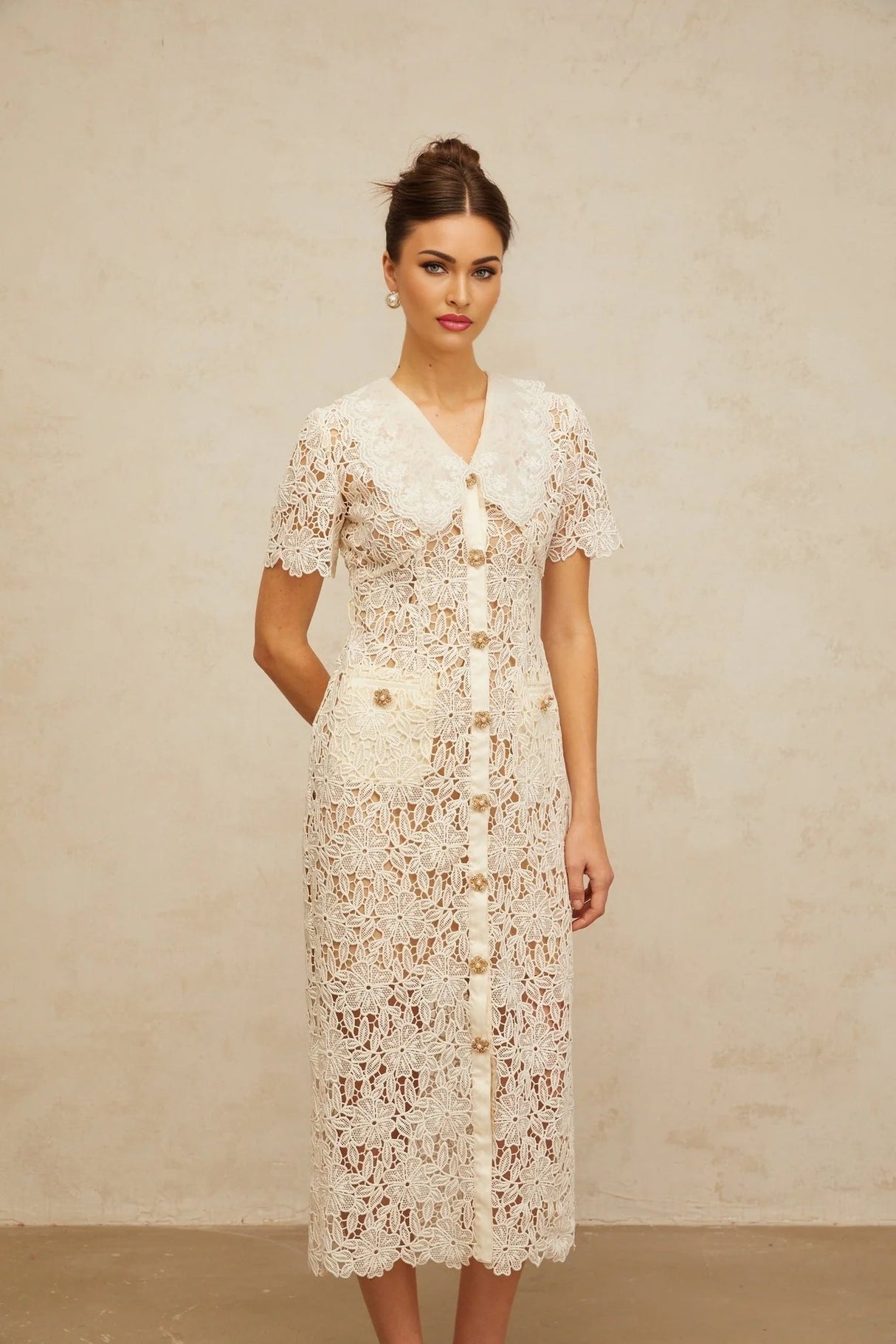 Morgan Midi Dress Off - white Corded Lace Scallop Hem & Button Detail