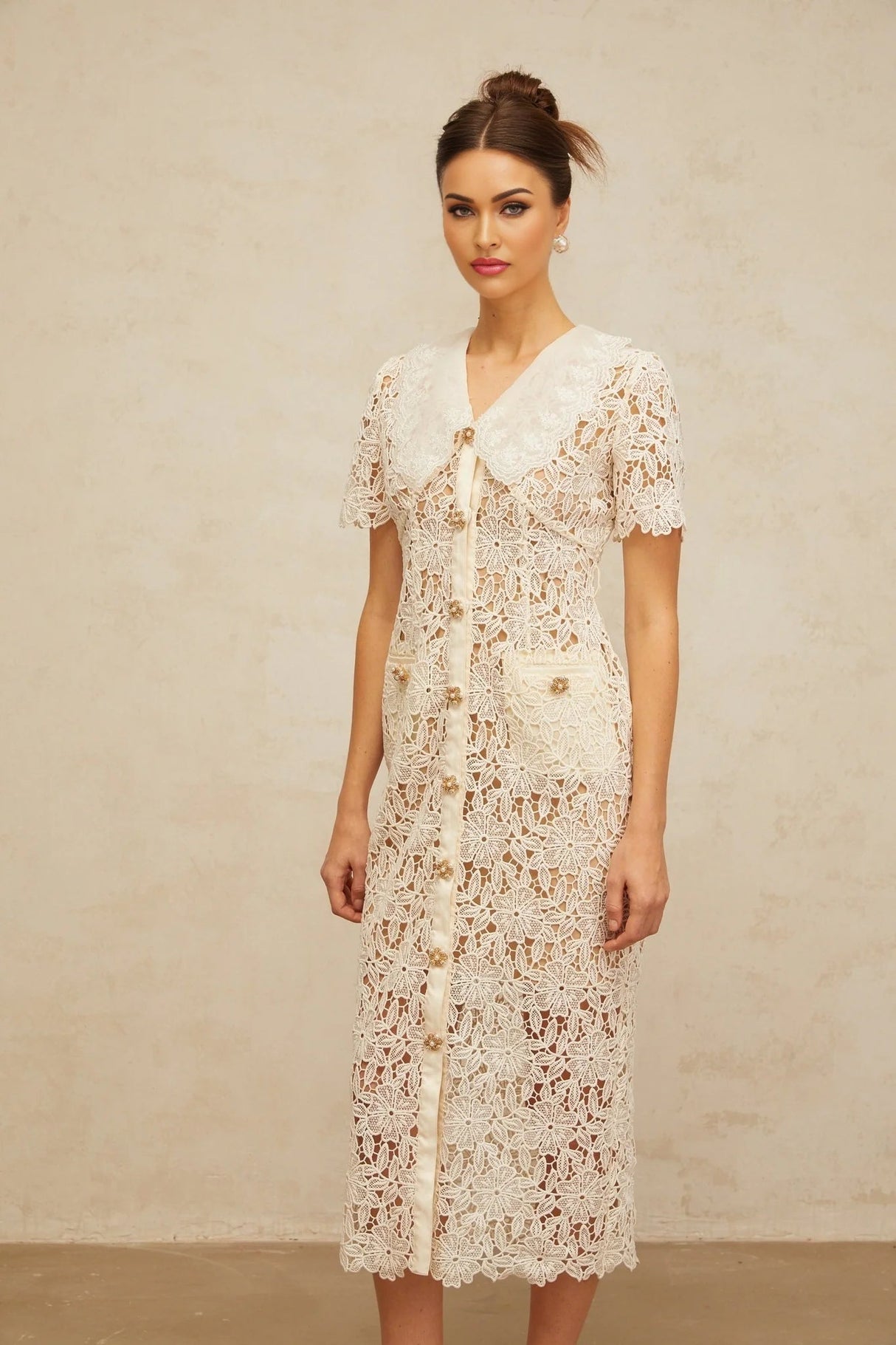 Morgan Midi Dress Off - white Corded Lace Scallop Hem & Button Detail