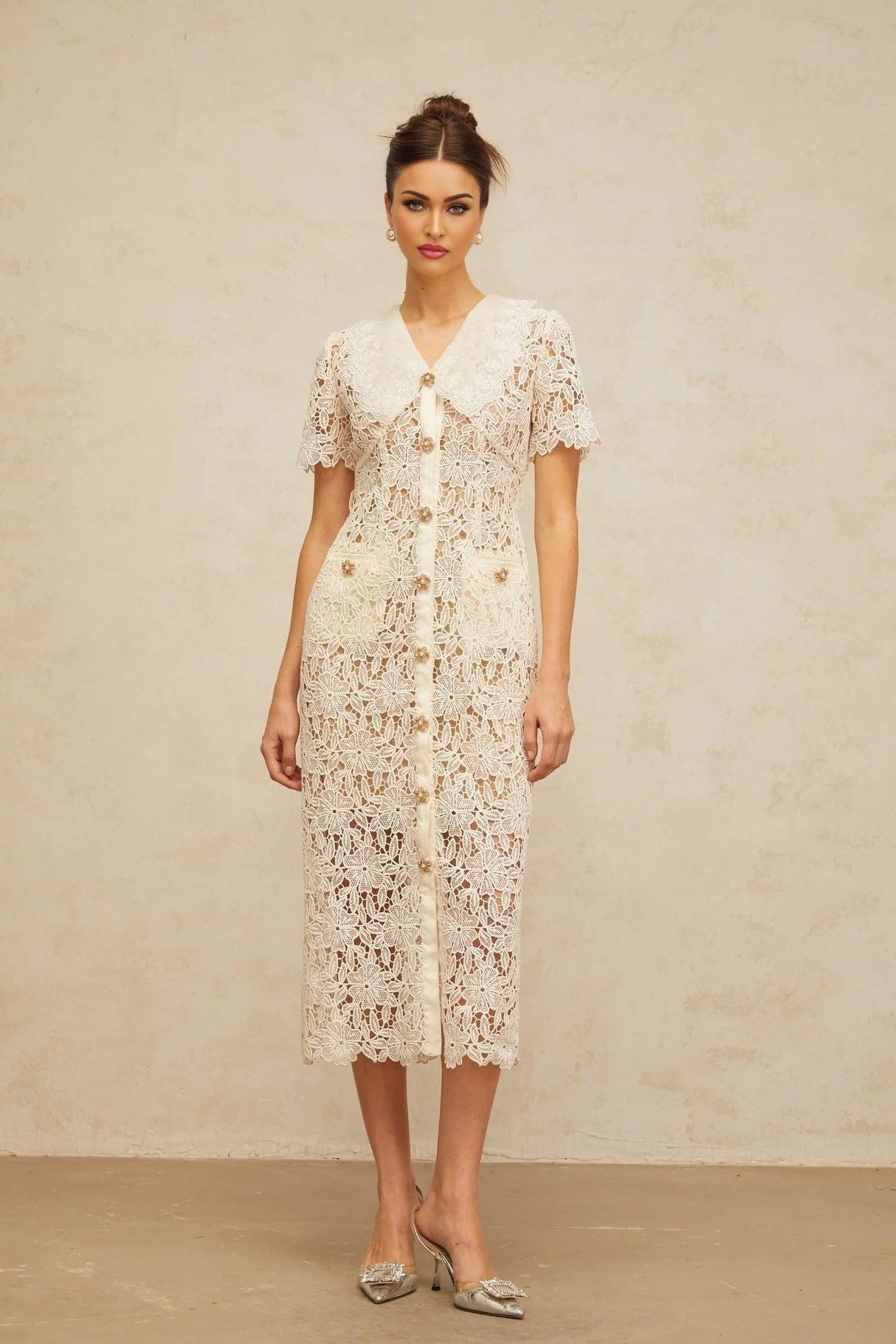 Morgan Midi Dress Off - white Corded Lace Scallop Hem & Button Detail