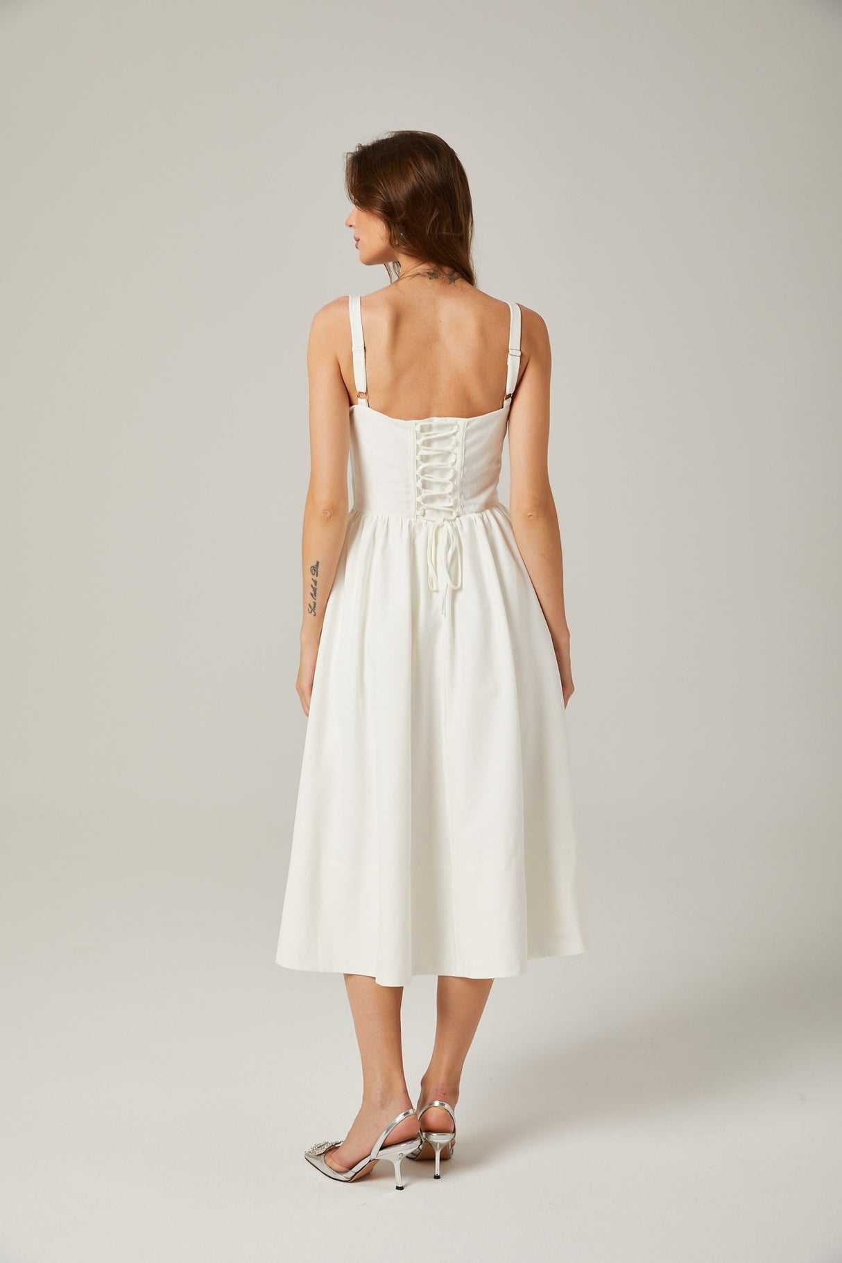 Morgan Midi Dress White Bustier Corset Pleat Side Slit Pockets