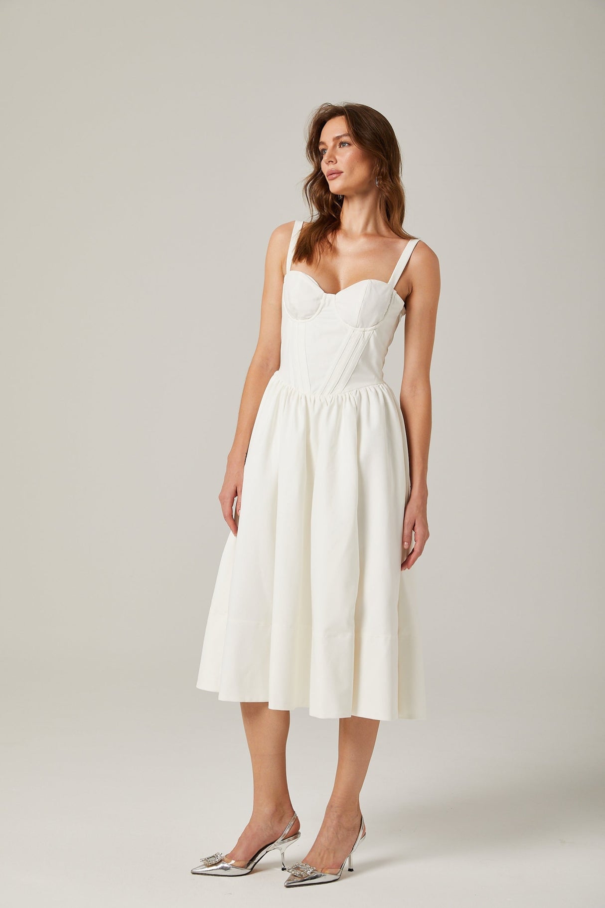 Morgan Midi Dress White Bustier Corset Pleat Side Slit Pockets