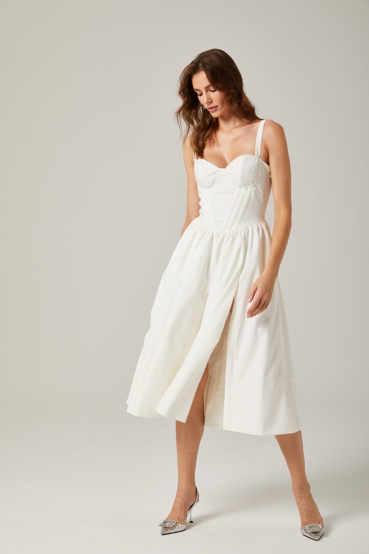 Morgan Midi Dress White Bustier Corset Pleat Side Slit Pockets