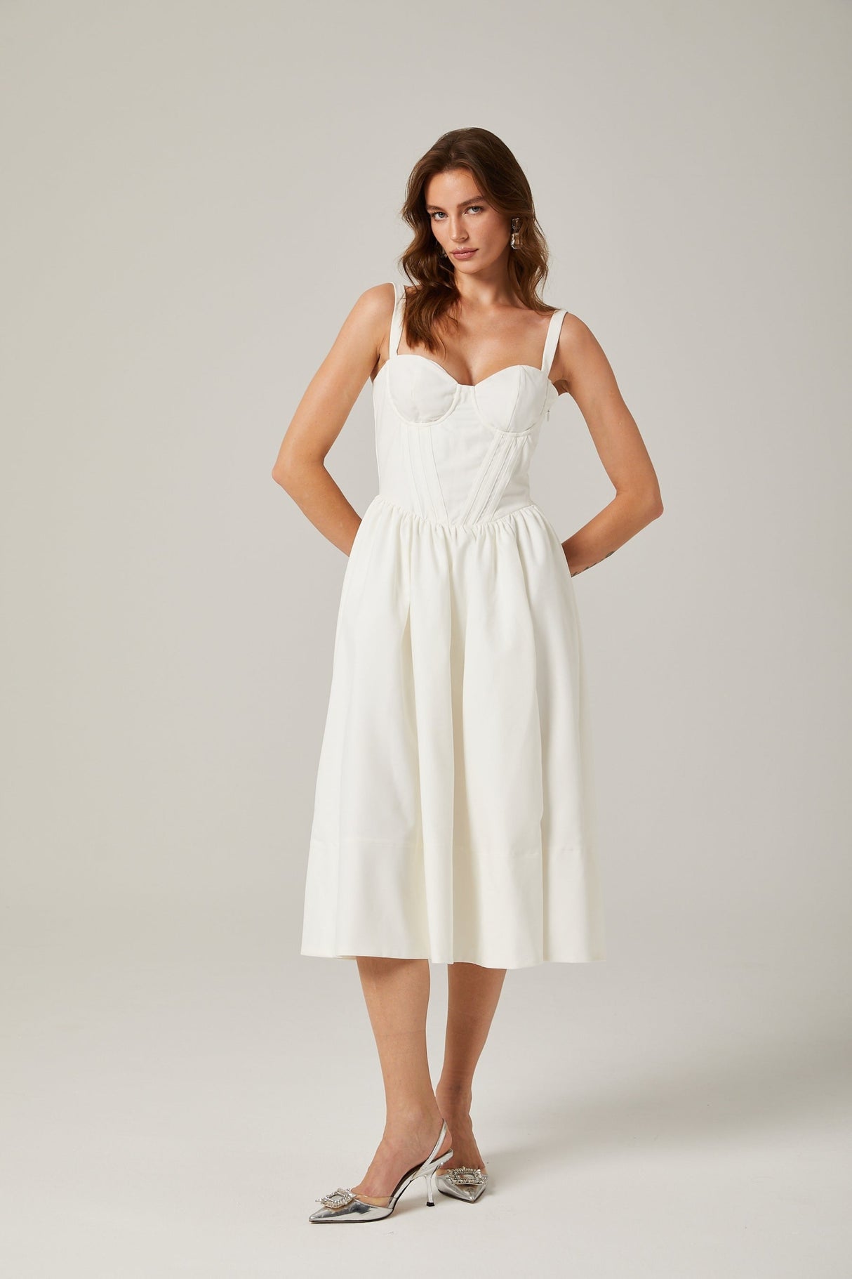 Morgan Midi Dress White Bustier Corset Pleat Side Slit Pockets