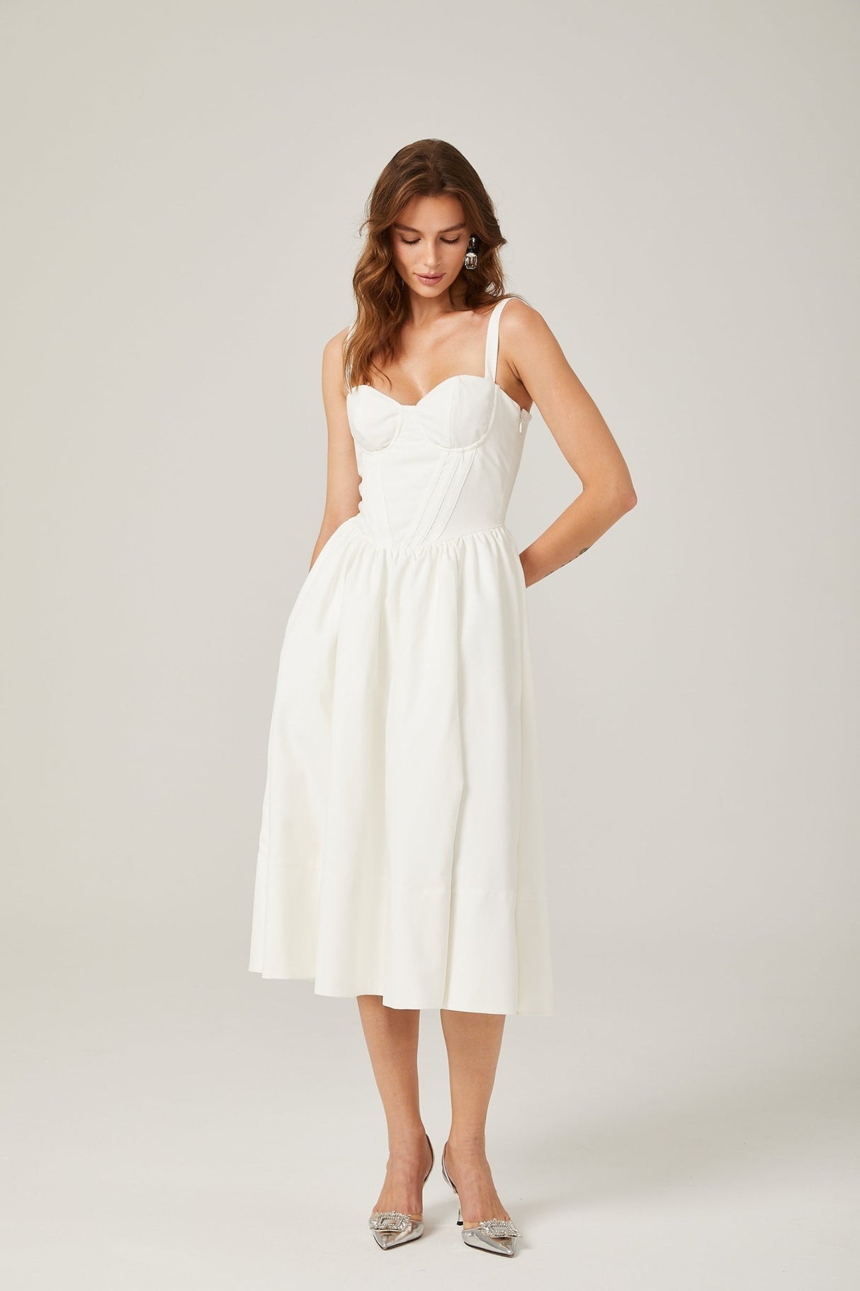Morgan Midi Dress White Bustier Corset Pleat Side Slit Pockets