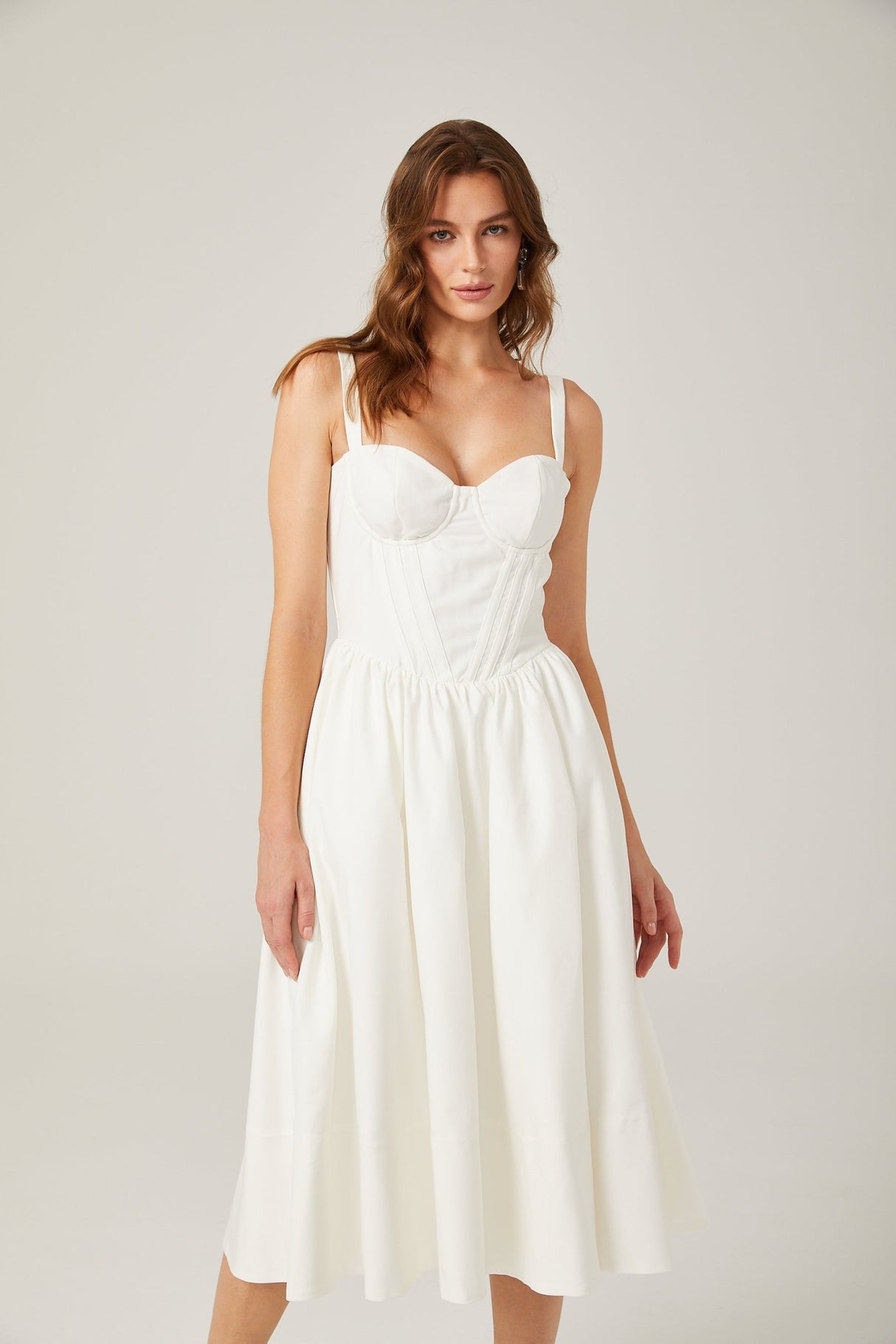 Morgan Midi Dress White Bustier Corset Pleat Side Slit Pockets