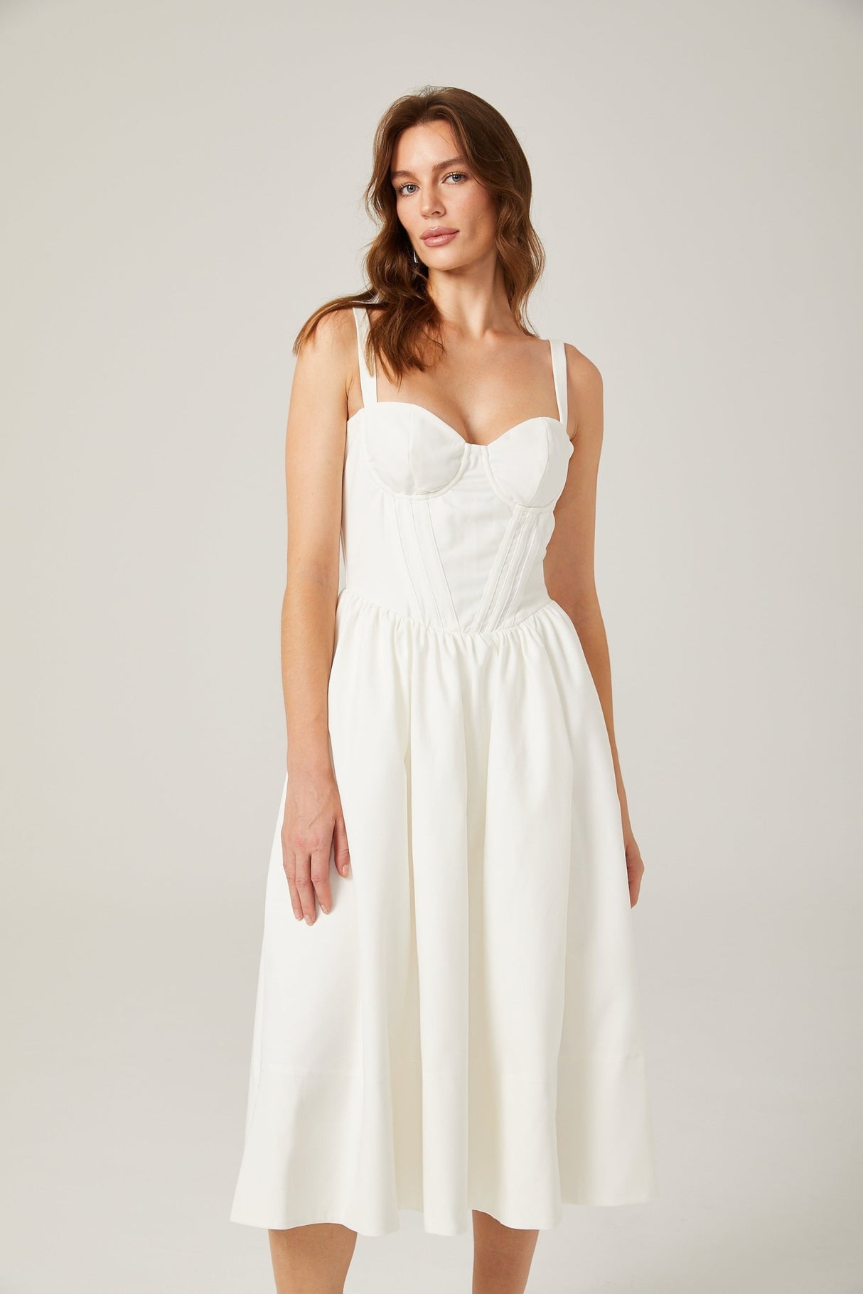 Morgan Midi Dress White Bustier Corset Pleat Side Slit Pockets