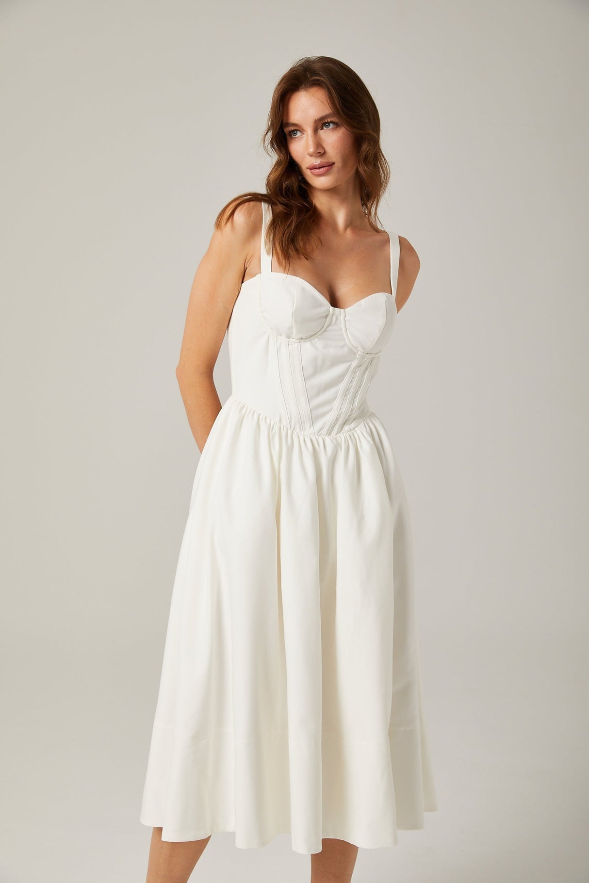 Morgan Midi Dress White Bustier Corset Pleat Side Slit Pockets