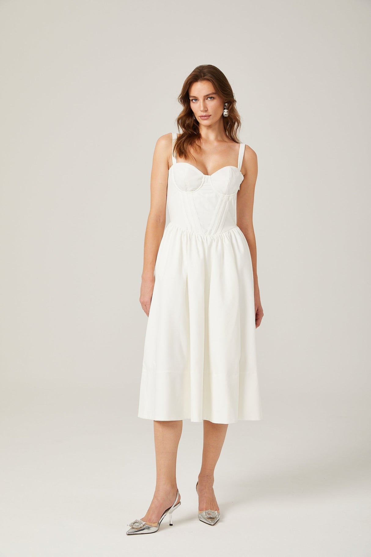 Morgan Midi Dress White Bustier Corset Pleat Side Slit Pockets