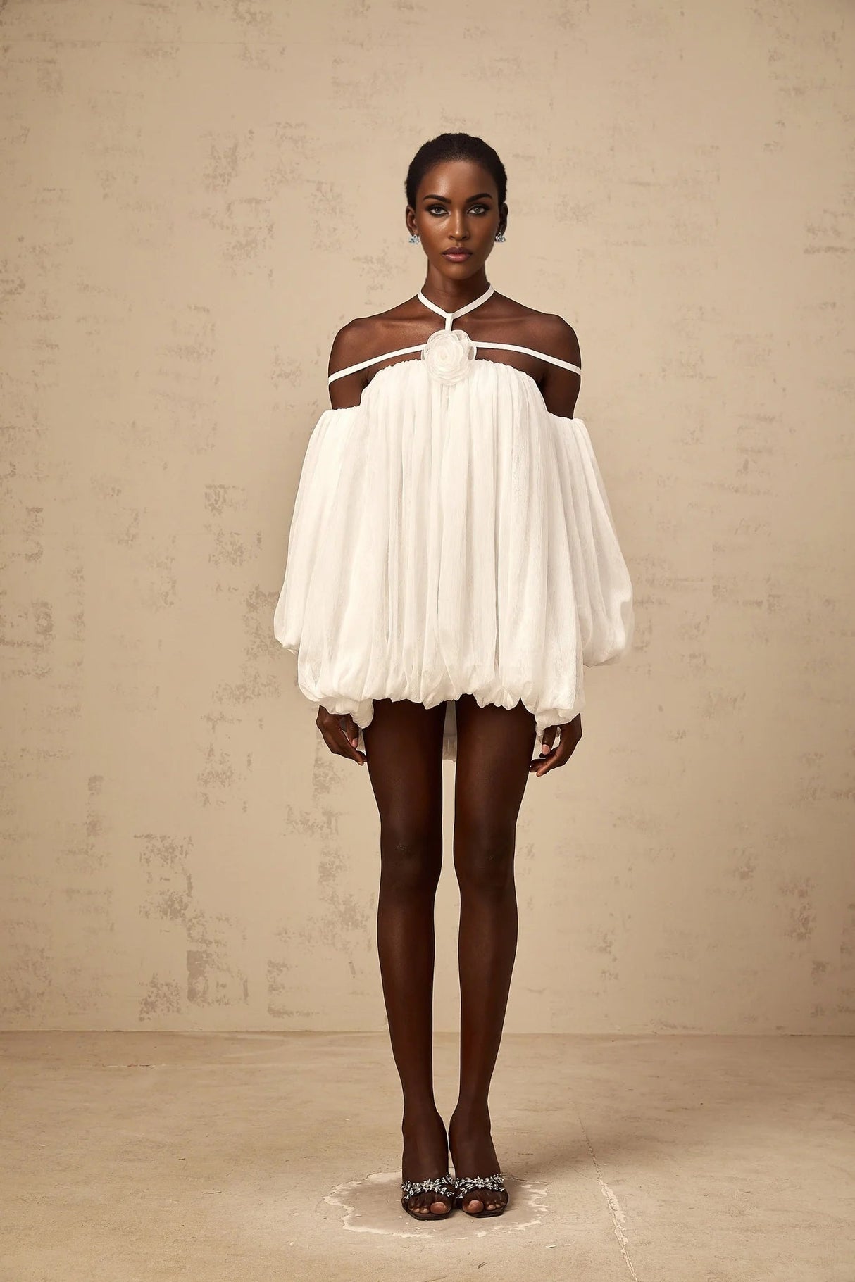 Morgan Mini Dress White Pleated Tulle Floral Applique