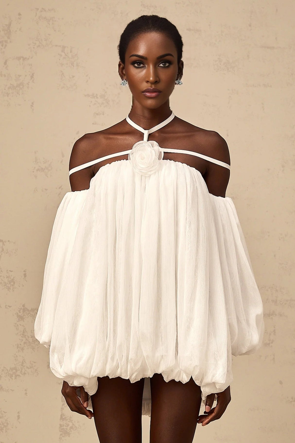 Morgan Mini Dress White Pleated Tulle Floral Applique