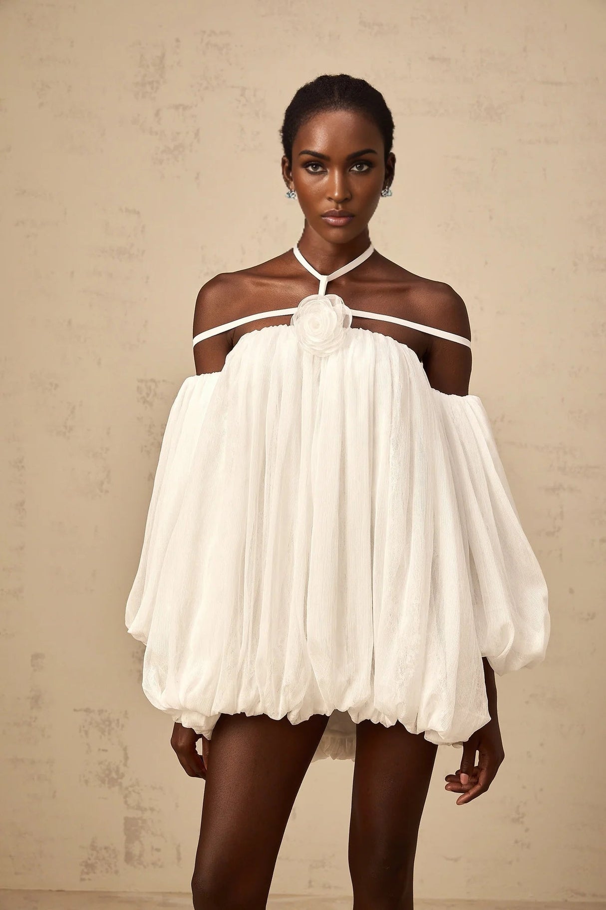 Morgan Mini Dress White Pleated Tulle Floral Applique