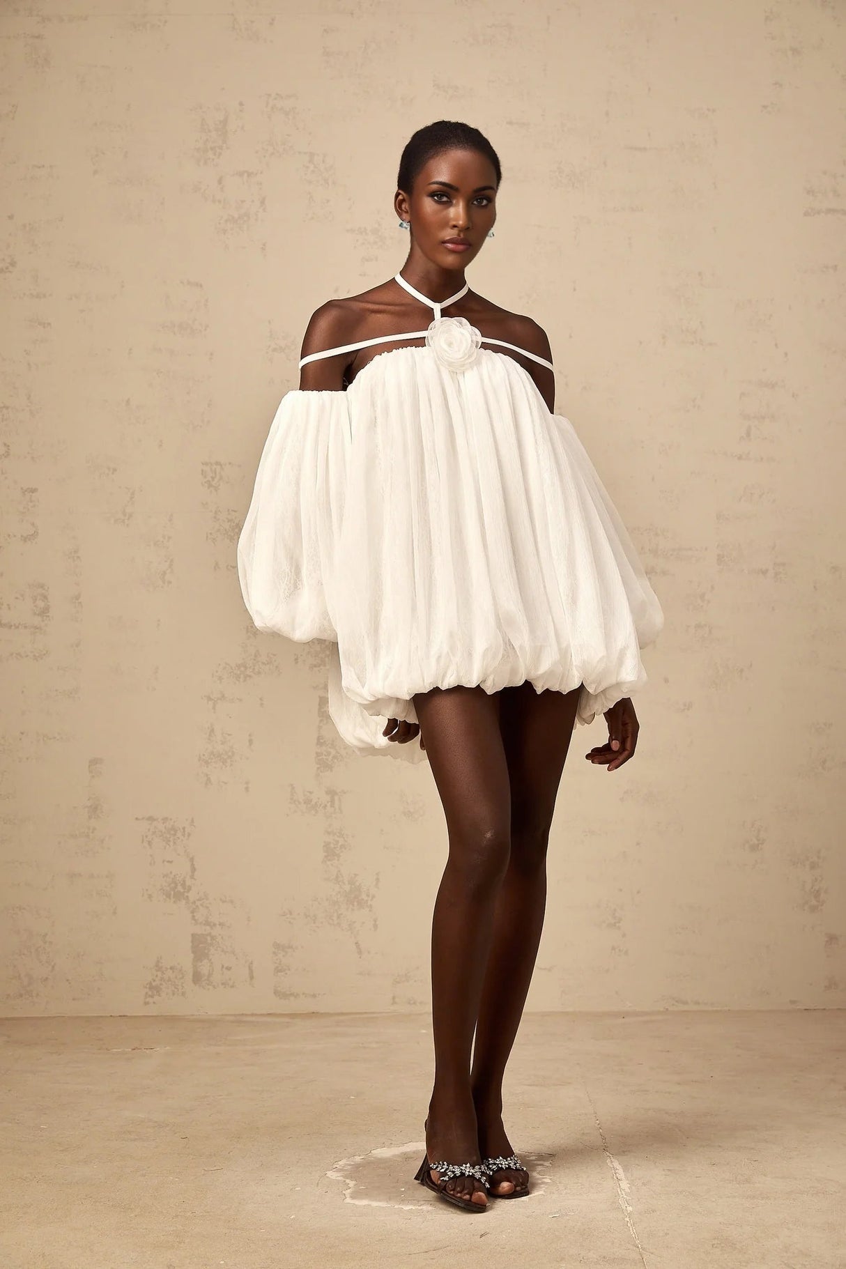 Morgan Mini Dress White Pleated Tulle Floral Applique