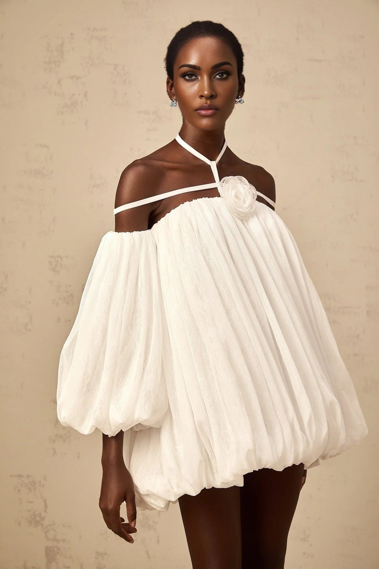 Morgan Mini Dress White Pleated Tulle Floral Applique