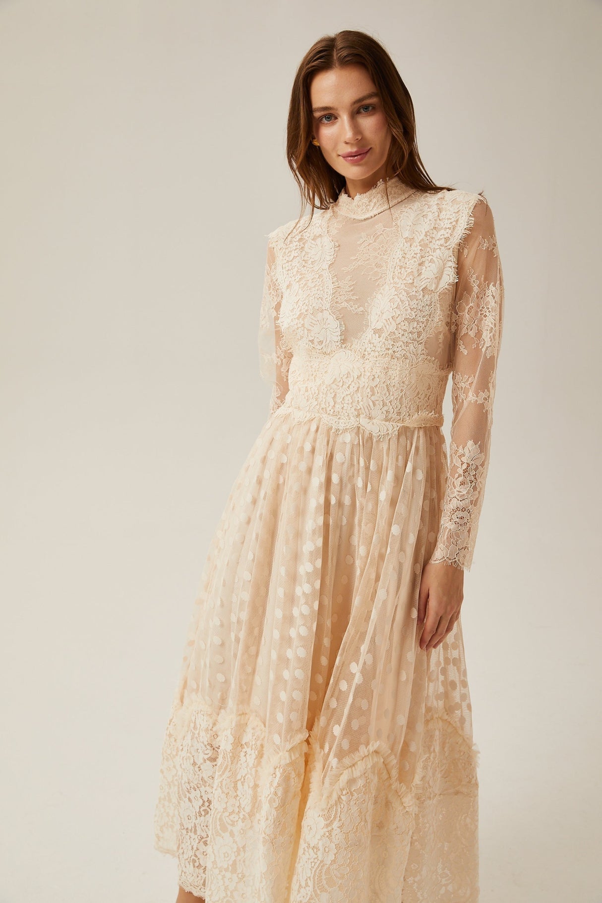 Morgan Polka - Dot Lace - Trim Midi Dress