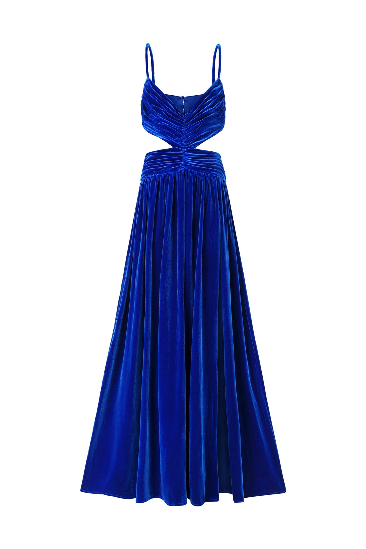Myla Blue Velvet Maxi Dress Draped Detailing Cut-Out Design Spaghetti Straps Elegant Sophisticated Luxurious Fabric Evening Formal Gatherings Vibrant Hue