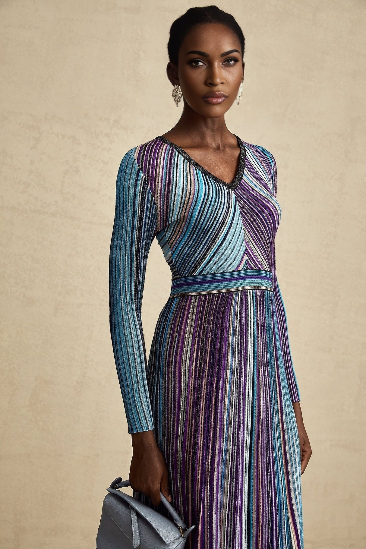 Myla Midi Dress Blue Metallic Pleated VNeck Ribbed Knit