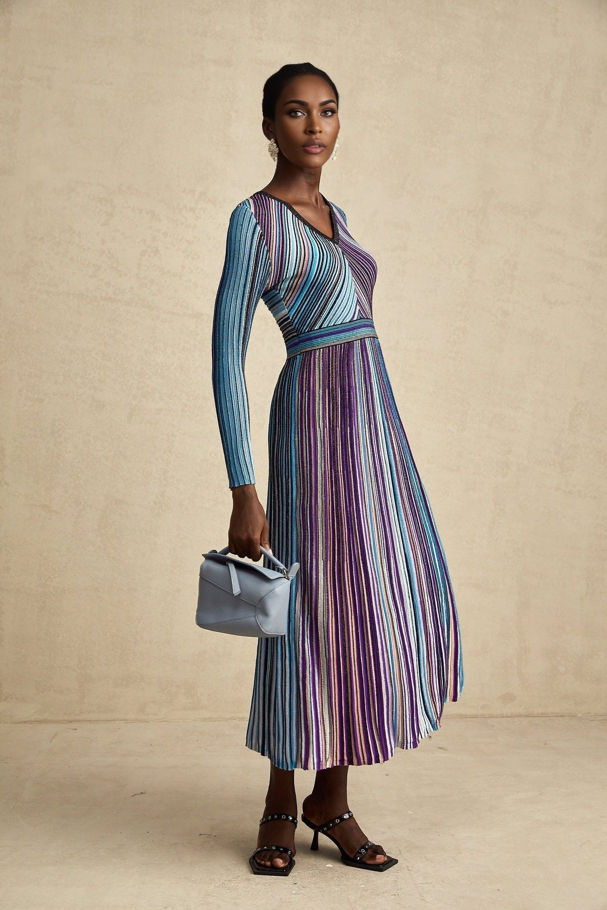 Myla Midi Dress Blue Metallic Pleated VNeck Ribbed Knit