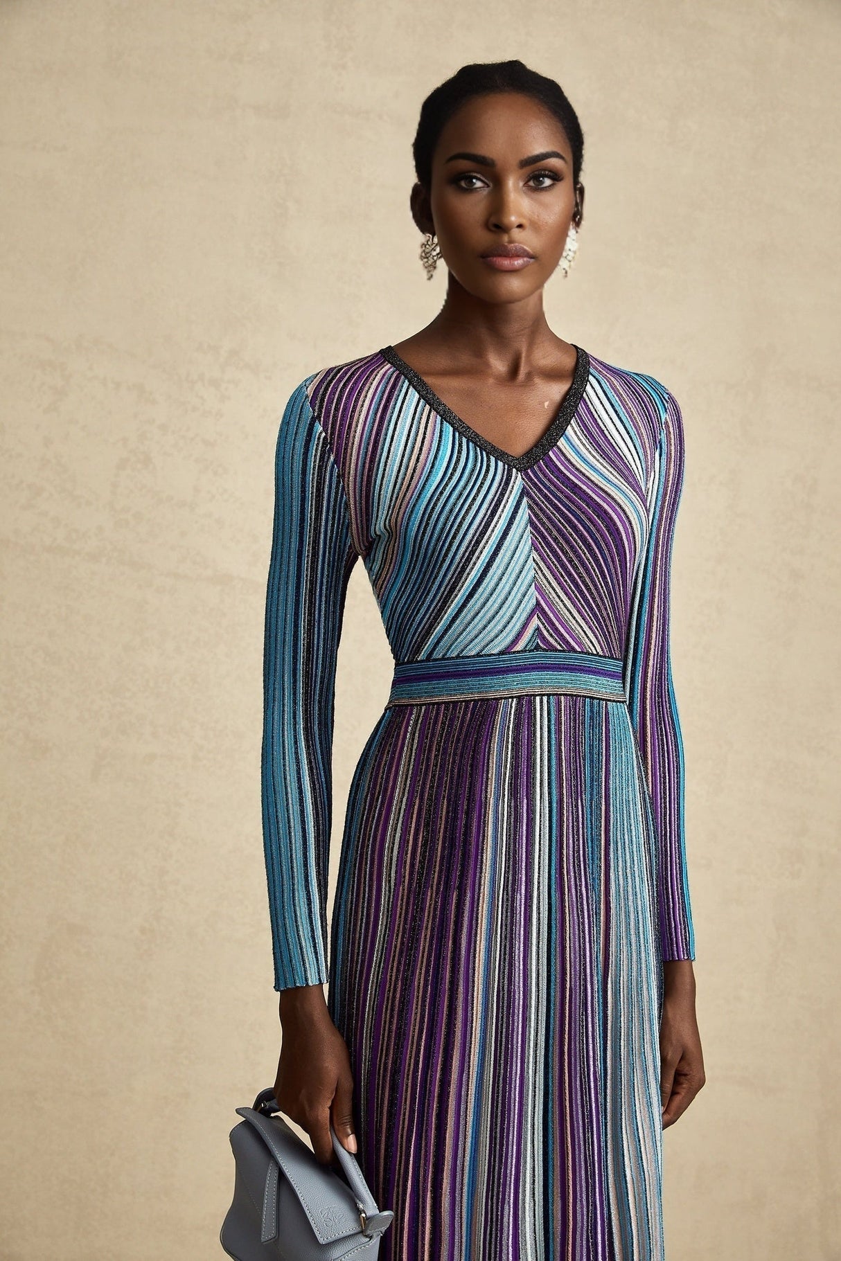 Myla Midi Dress Blue Metallic Pleated VNeck Ribbed Knit