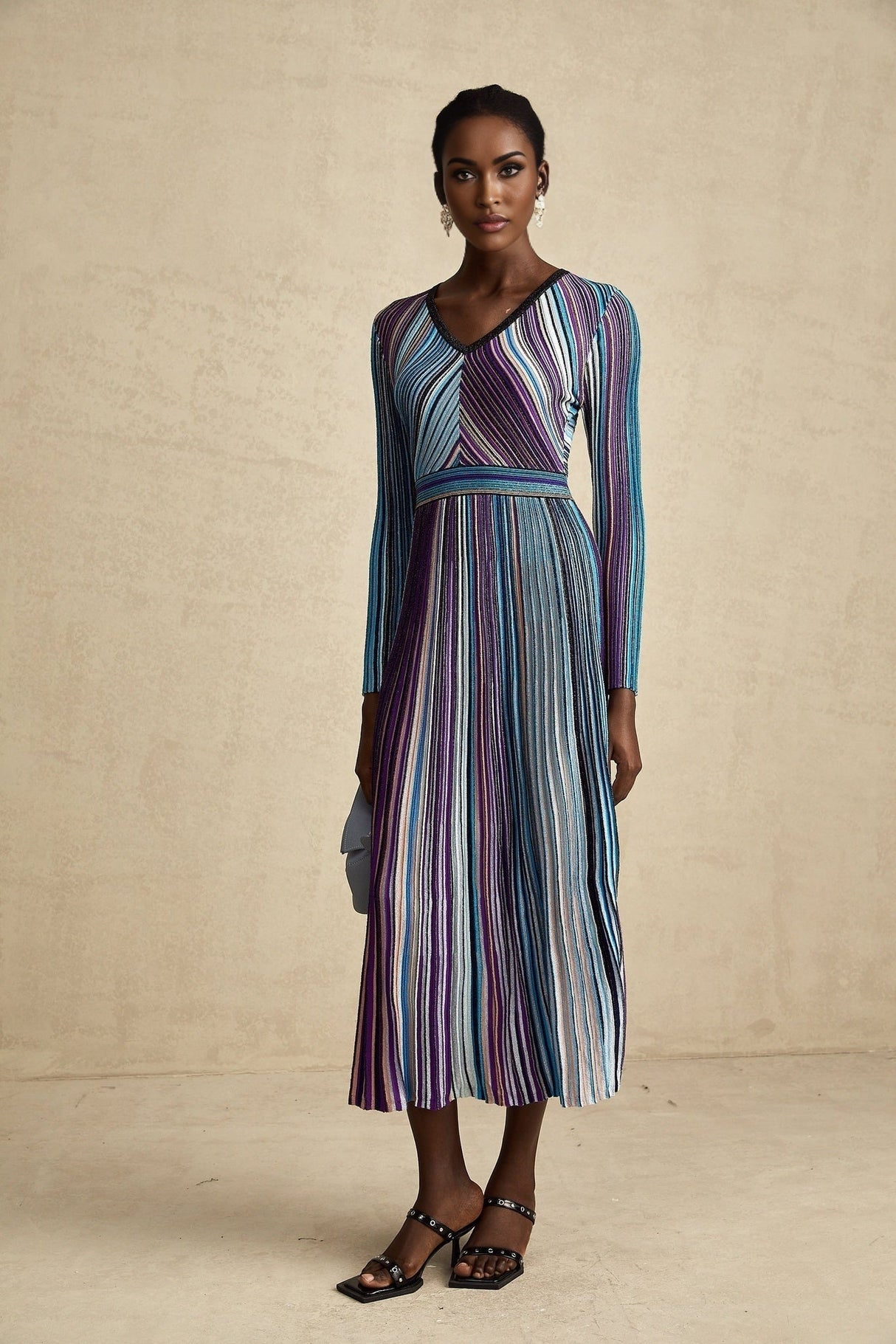 Myla Midi Dress Blue Metallic Pleated VNeck Ribbed Knit