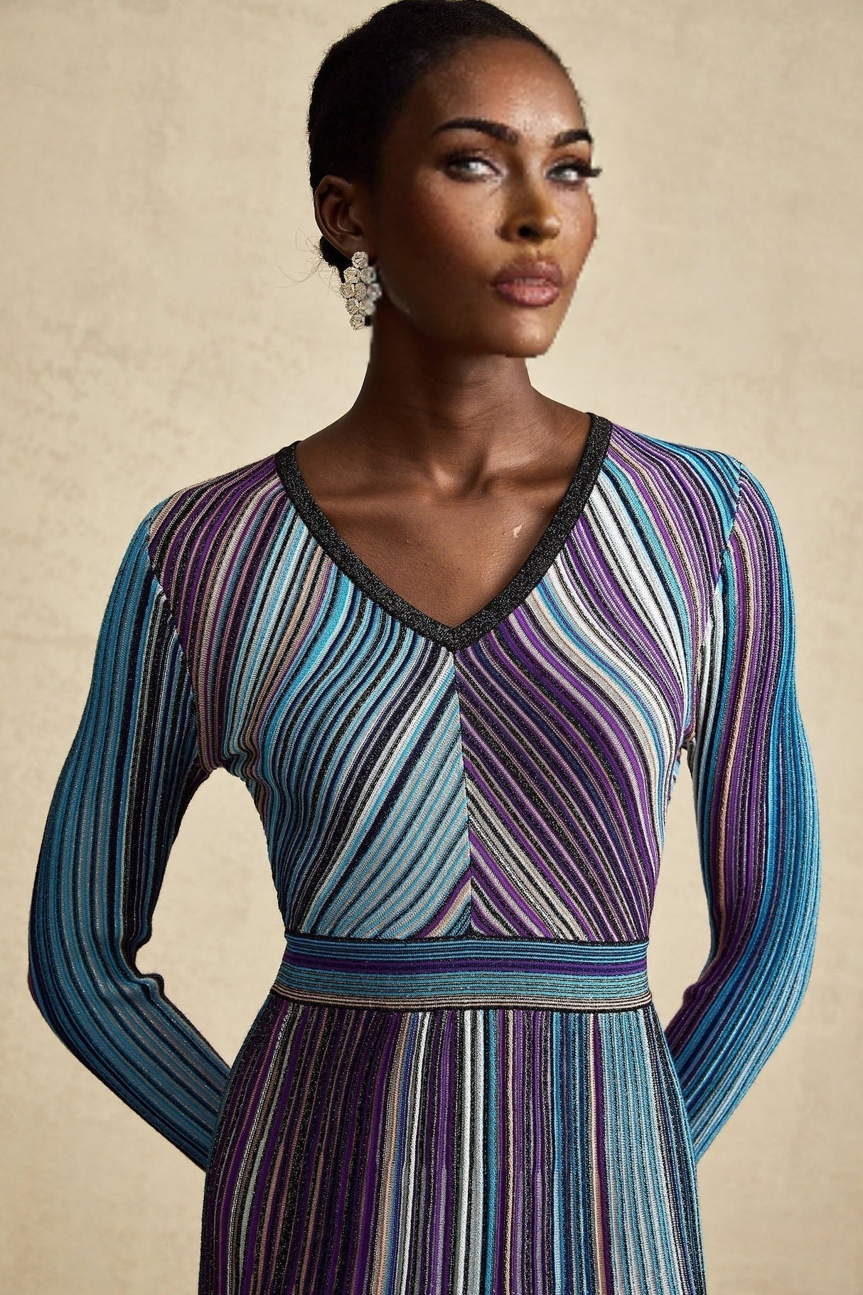 Myla Midi Dress Blue Metallic Pleated VNeck Ribbed Knit