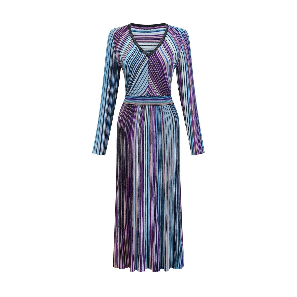 Myla Midi Dress Blue Metallic Pleated VNeck Ribbed Knit