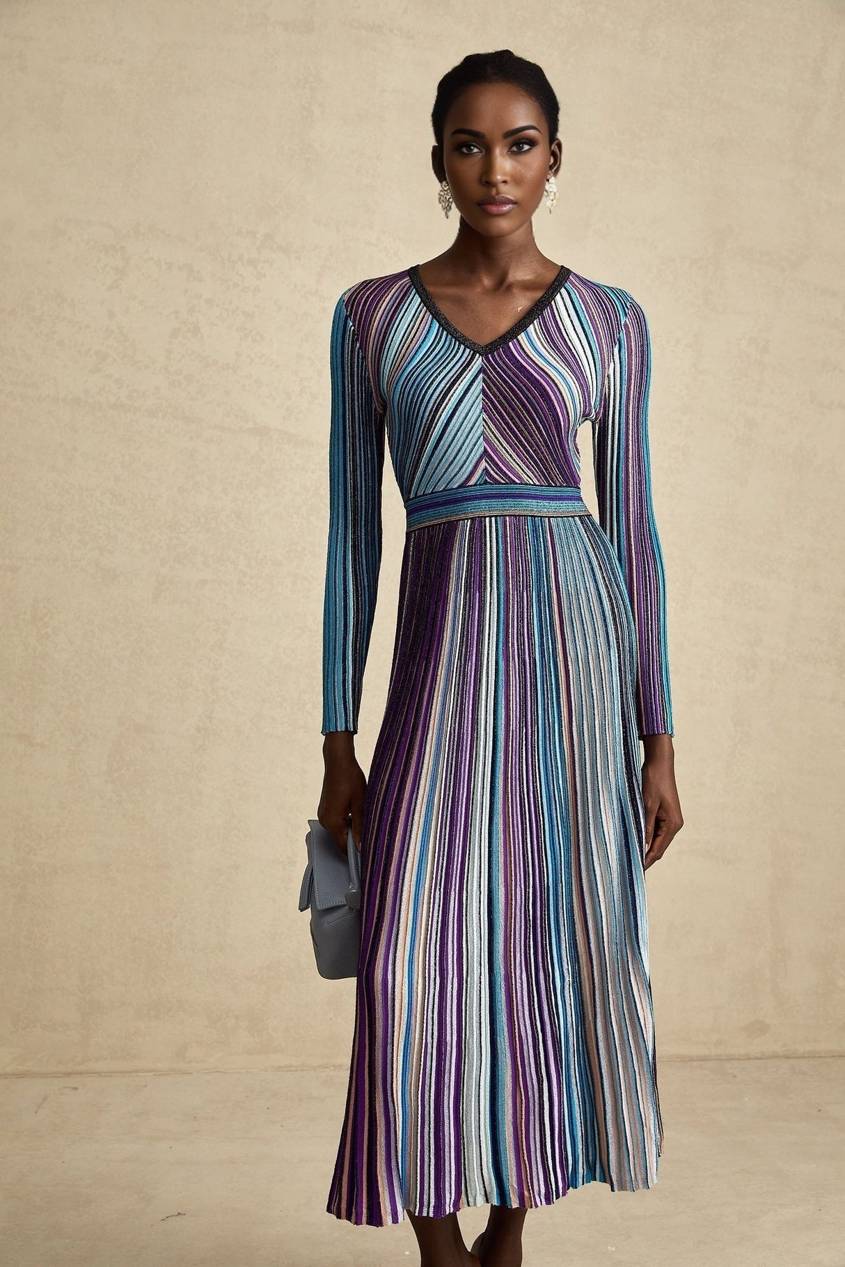 Myla Midi Dress Blue Metallic Pleated VNeck Ribbed Knit