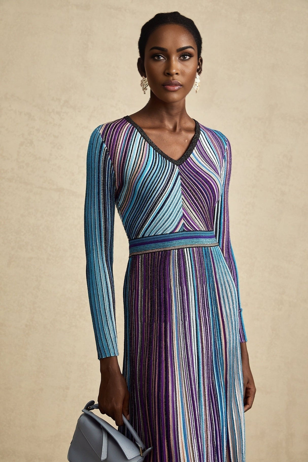 Myla Midi Dress Blue Metallic Pleated VNeck Ribbed Knit