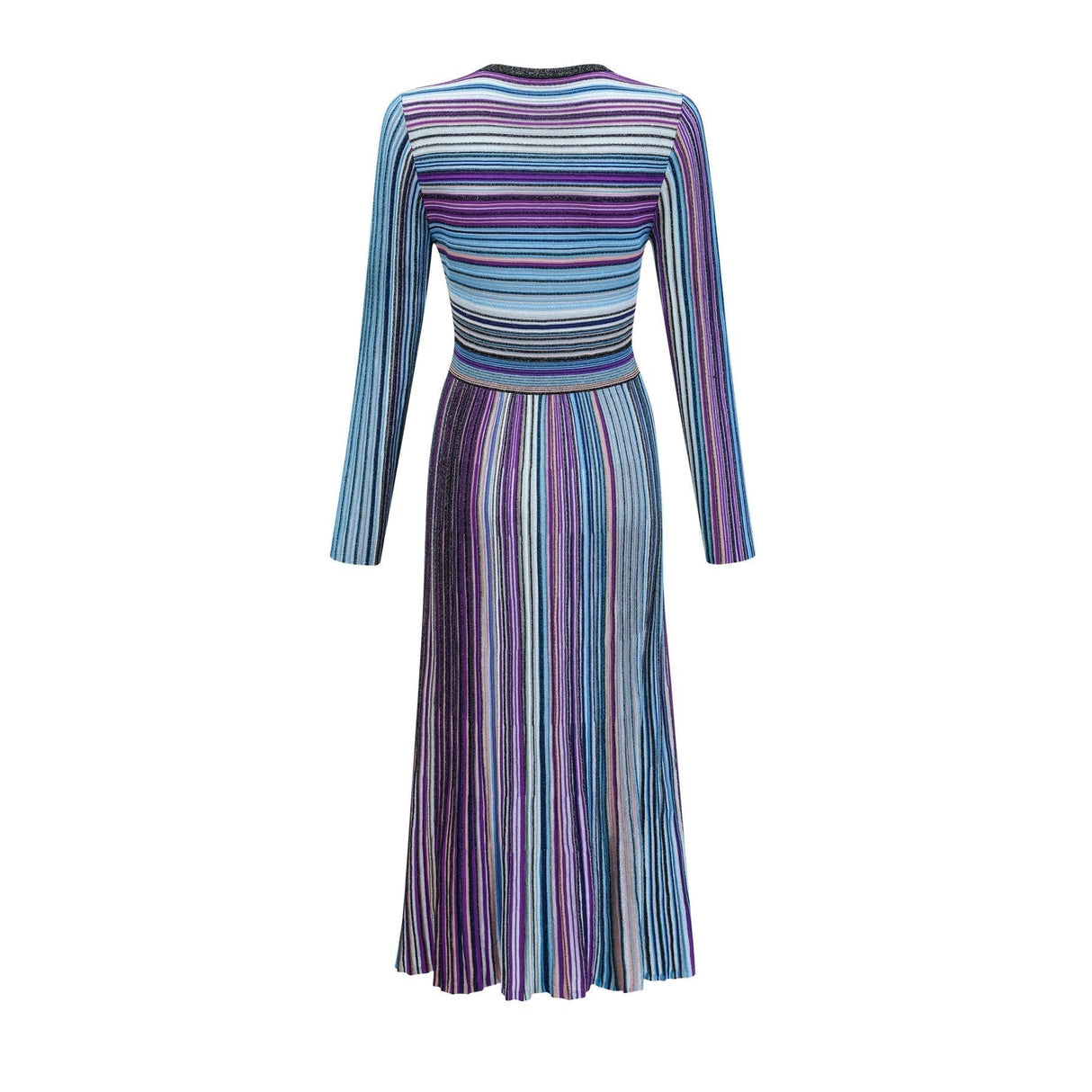 Myla Midi Dress Blue Metallic Pleated VNeck Ribbed Knit