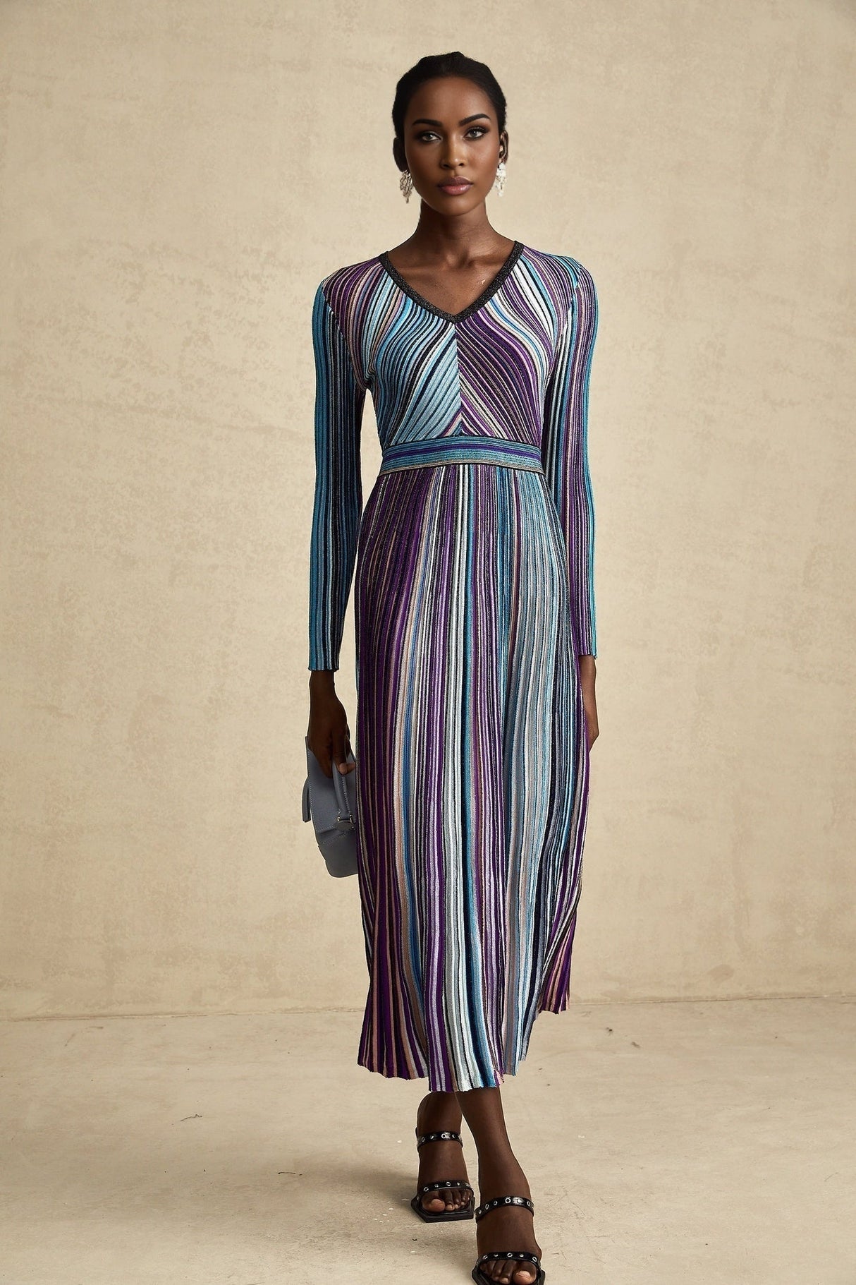 Myla Midi Dress Blue Metallic Pleated VNeck Ribbed Knit