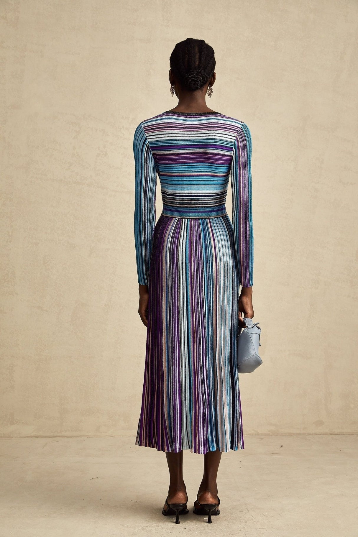 Myla Midi Dress Blue Metallic Pleated VNeck Ribbed Knit