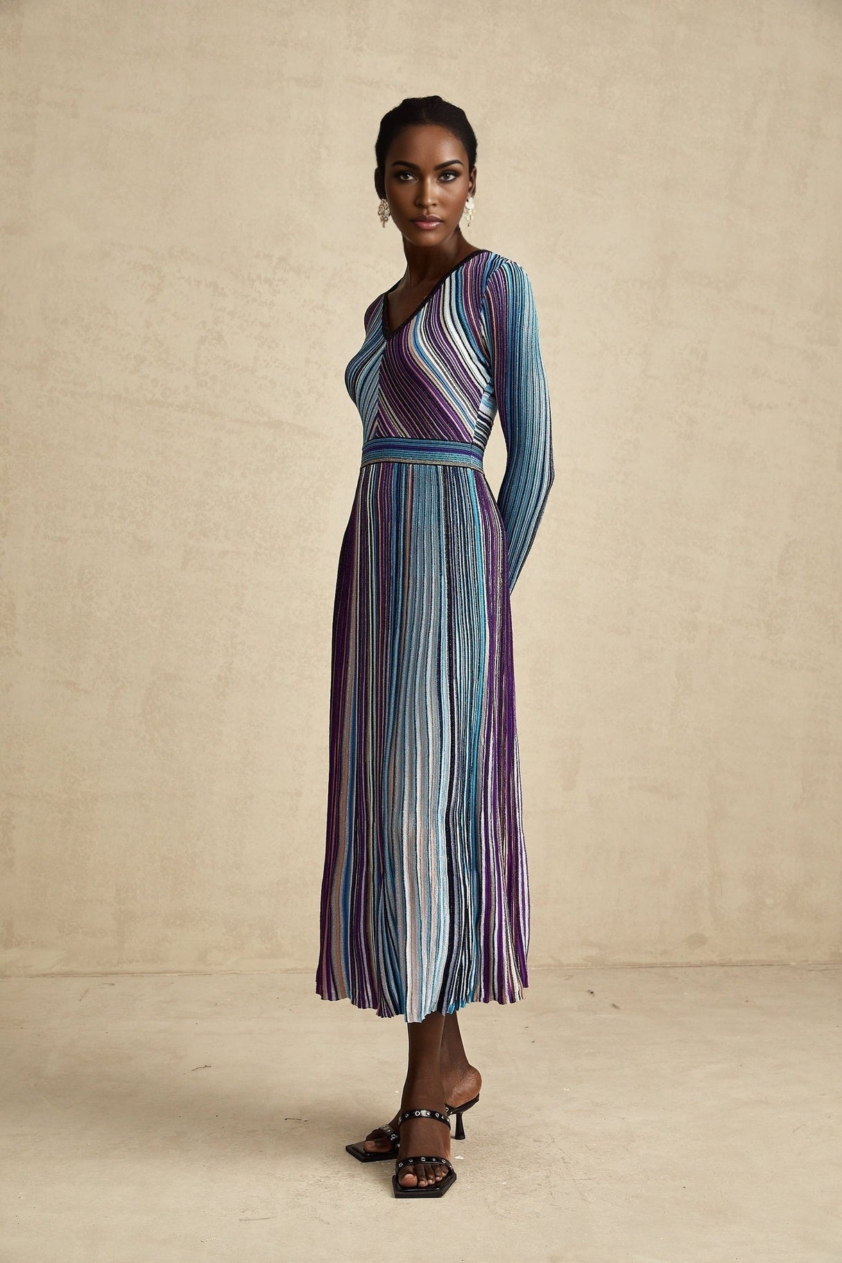 Myla Midi Dress Blue Metallic Pleated VNeck Ribbed Knit