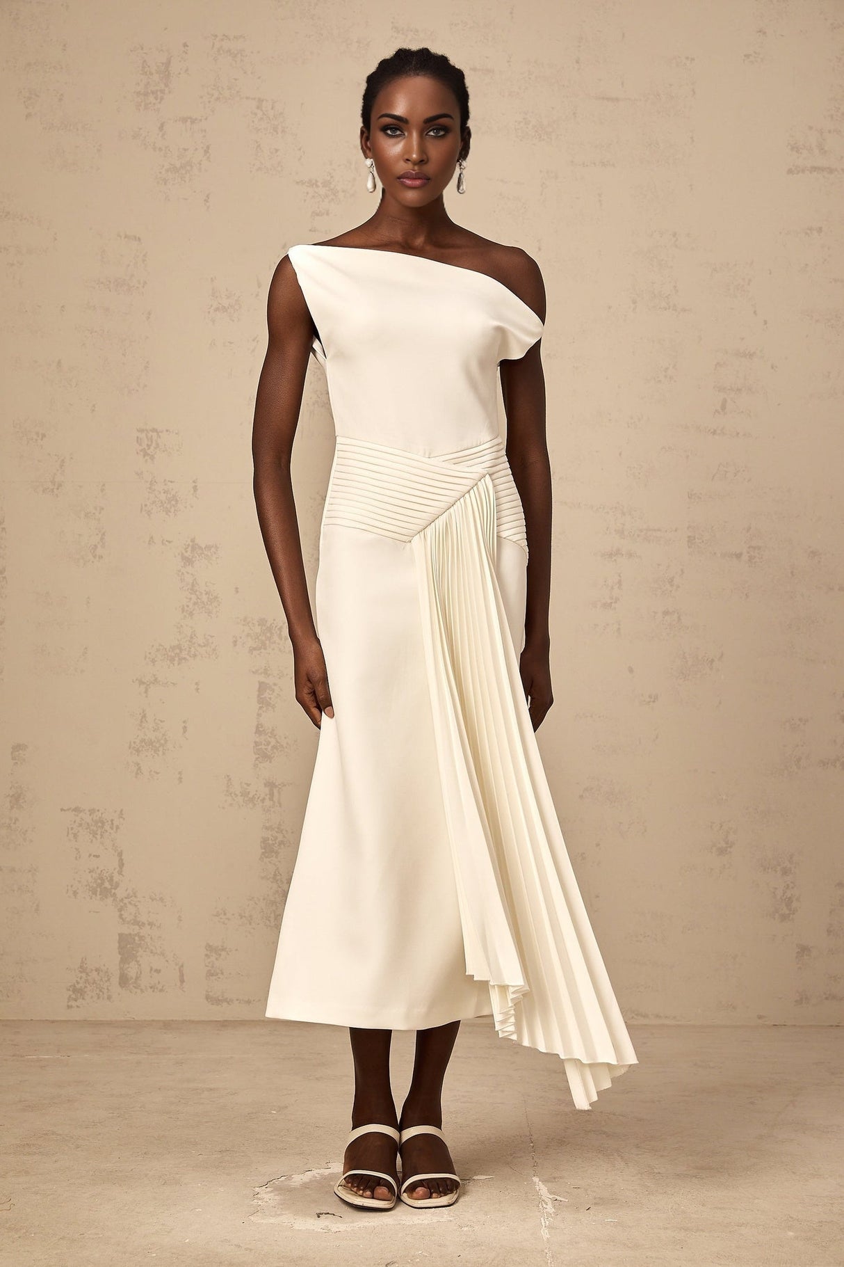 Myla Midi Dress White Asymmetric Draped Pleated Calf Length