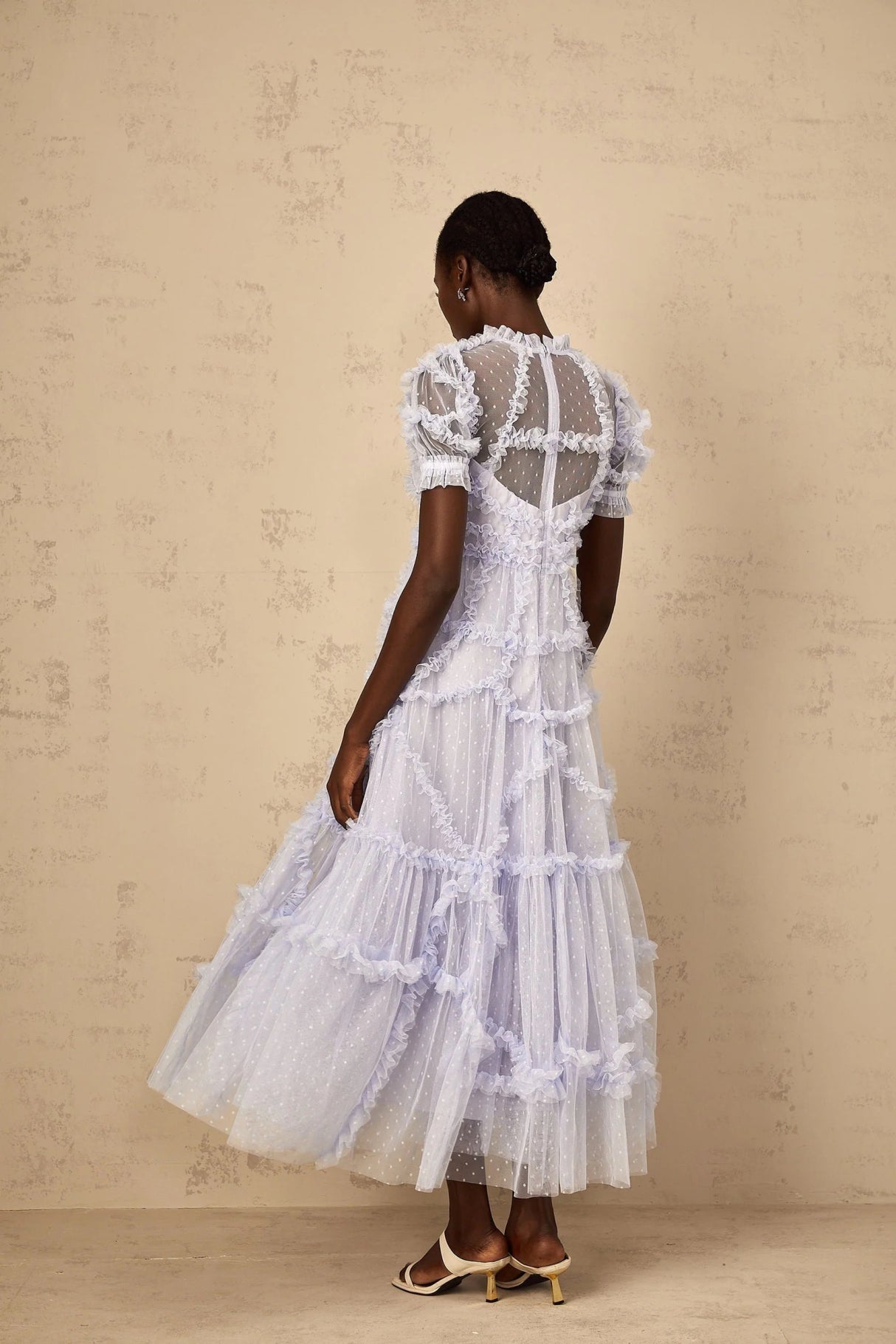 Nadia Maxi Dress Blue Polka Dot Tiered Ruffle Tulle Sheer