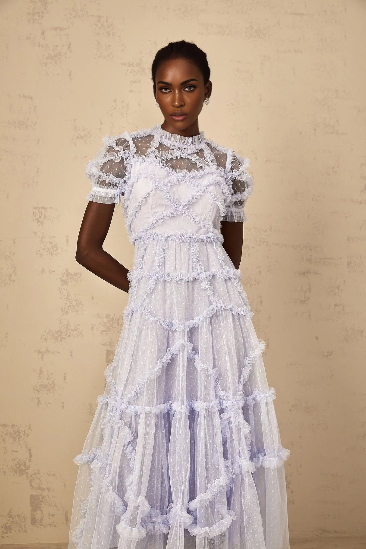 Nadia Maxi Dress Blue Polka Dot Tiered Ruffle Tulle Sheer