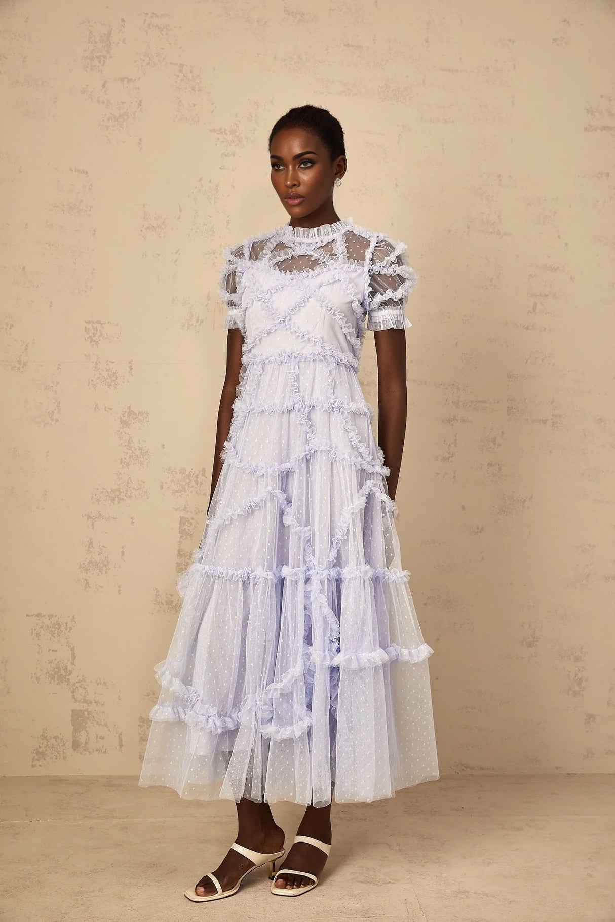 Nadia Maxi Dress Blue Polka Dot Tiered Ruffle Tulle Sheer