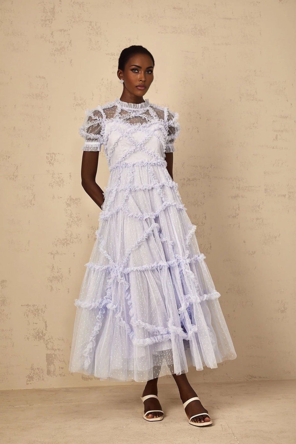 Nadia Maxi Dress Blue Polka Dot Tiered Ruffle Tulle Sheer